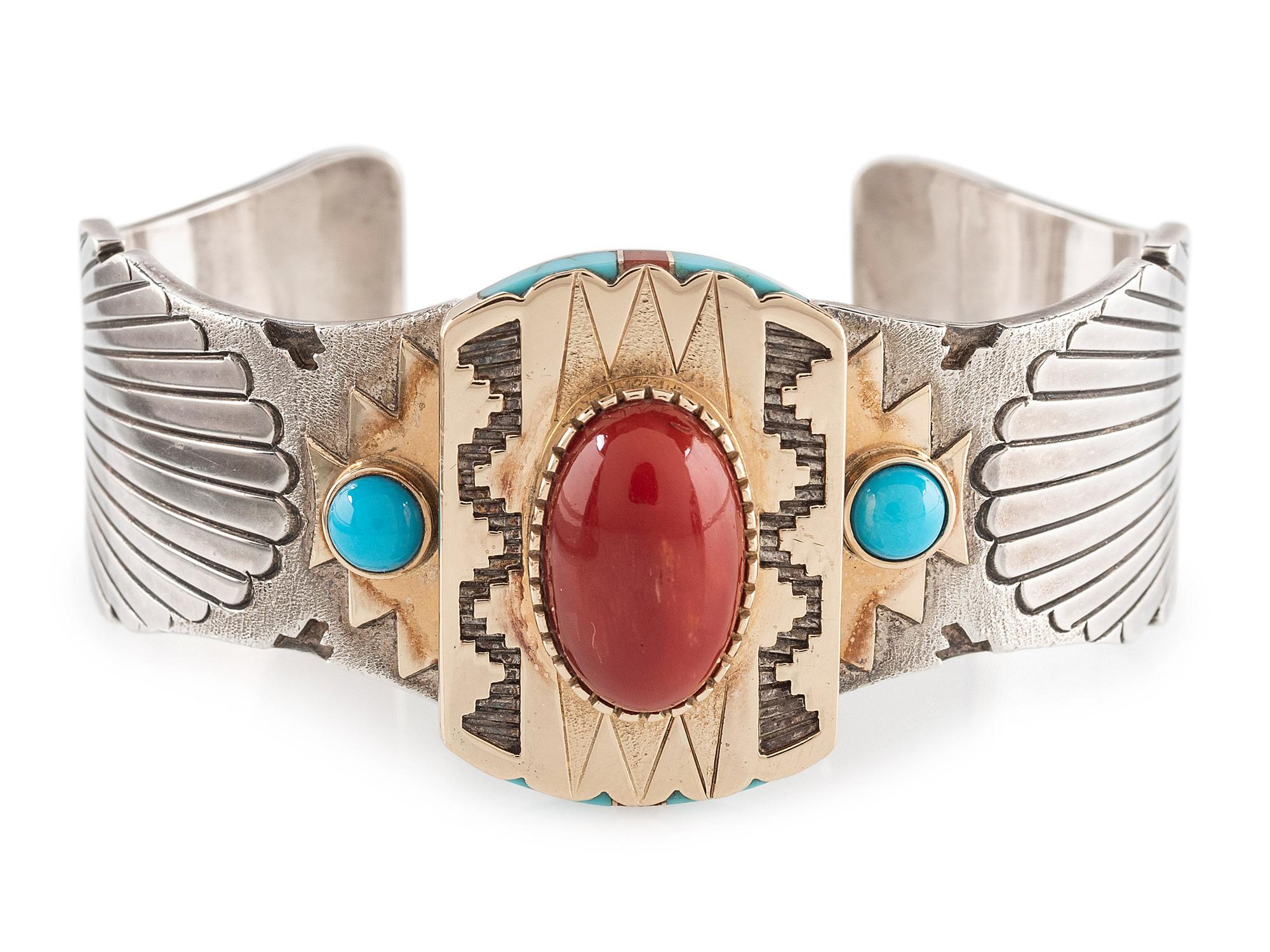Sterling Silver Cuff Bracelet, with 14K Gold Accents, set with Turquoise and Coral
