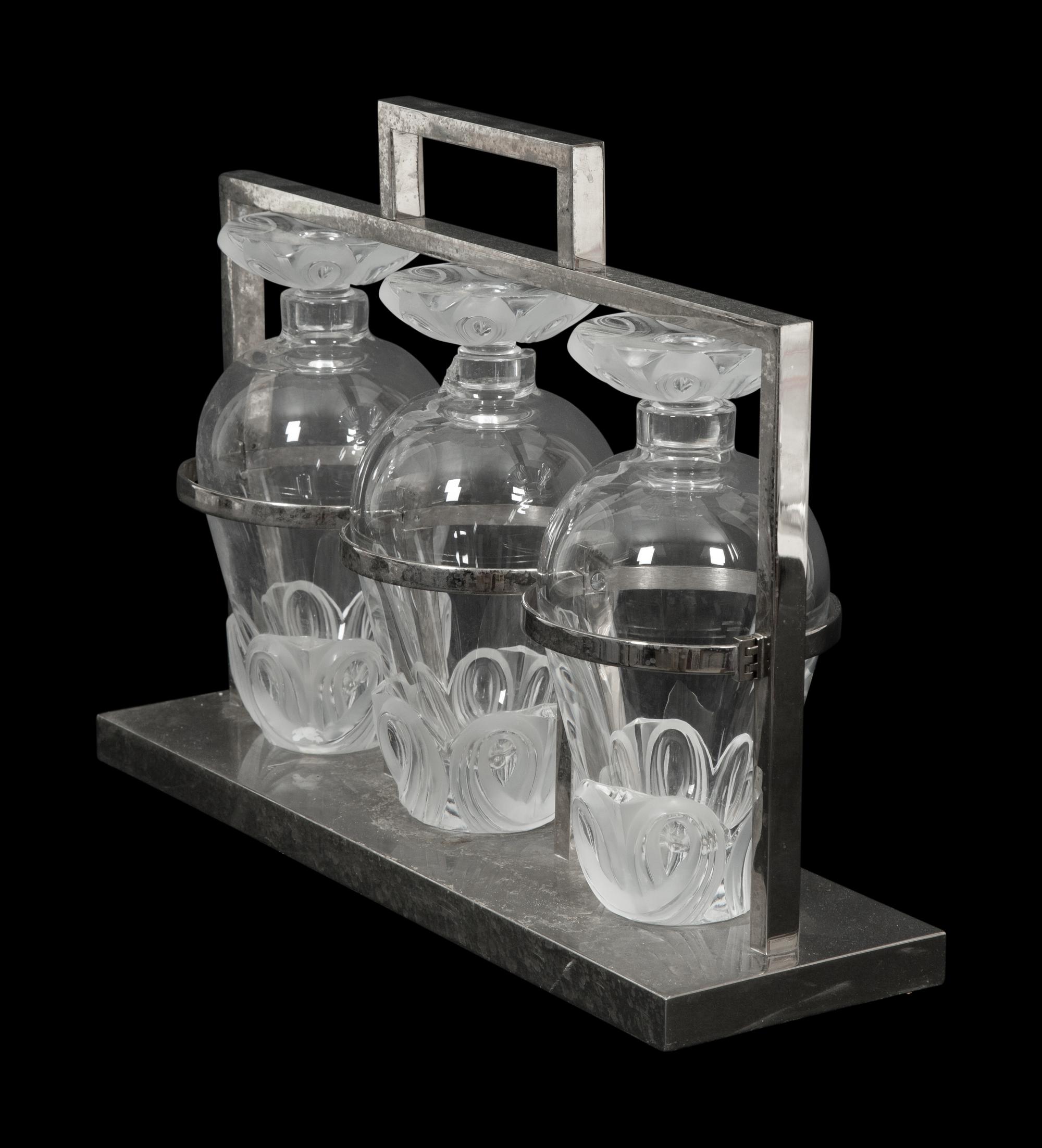 A Lalique Fleurs Silver-Plate and Glass Tantalus