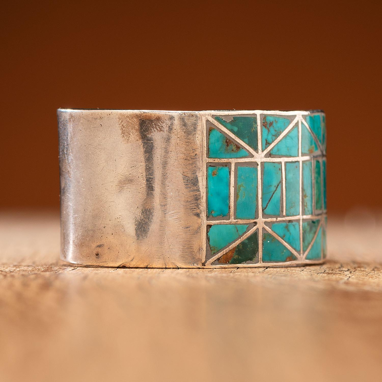 Zuni Silver Cuff Bracelet, with Blue Gem Turquoise Channel Inlay