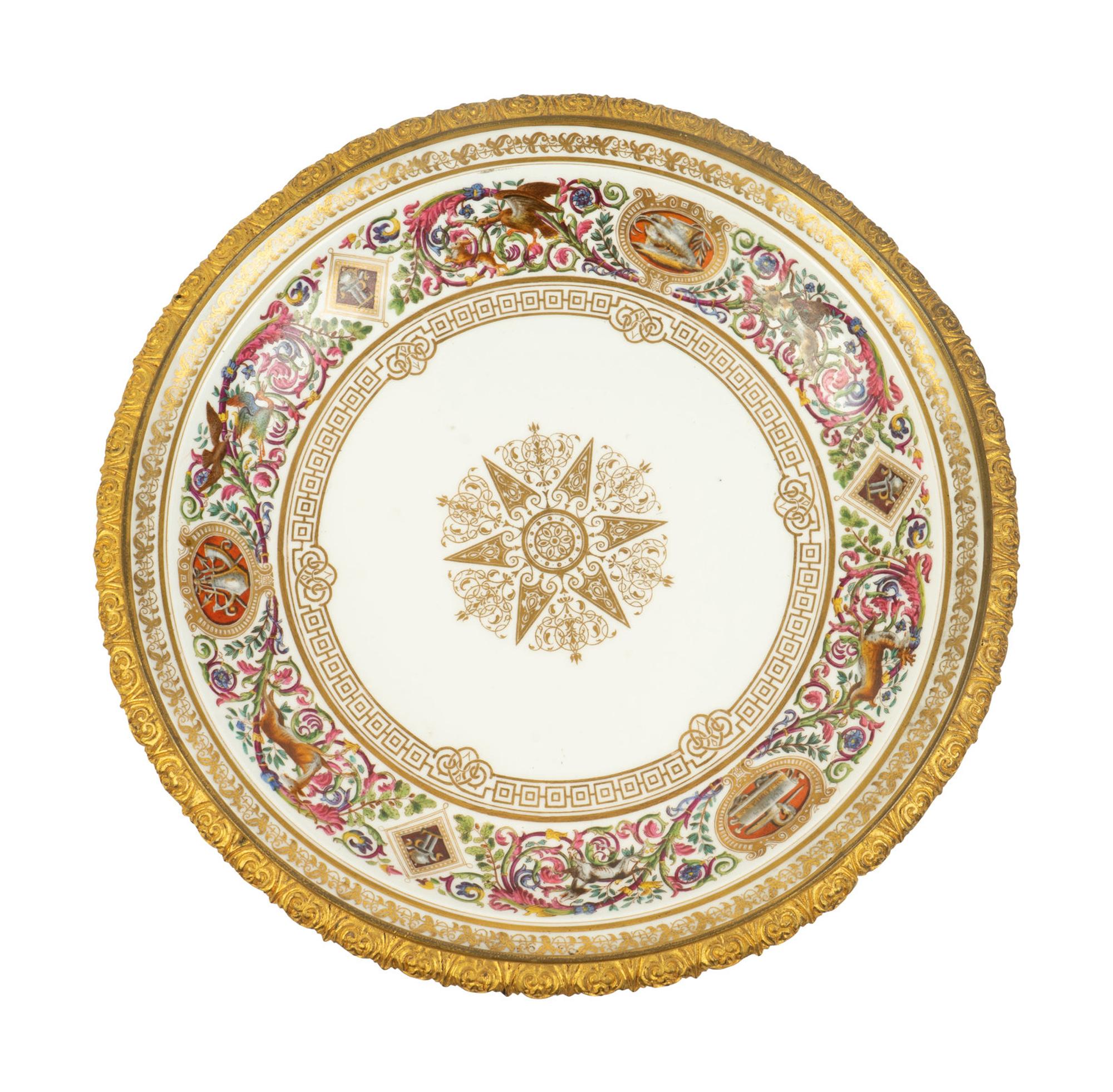 A Sevres Style Gilt Metal Mounted Porcelain Plate After the Service Ordinaire de Fontainebleau of Louis Philippe — LATE 19TH/EARLY 20TH CENTURY