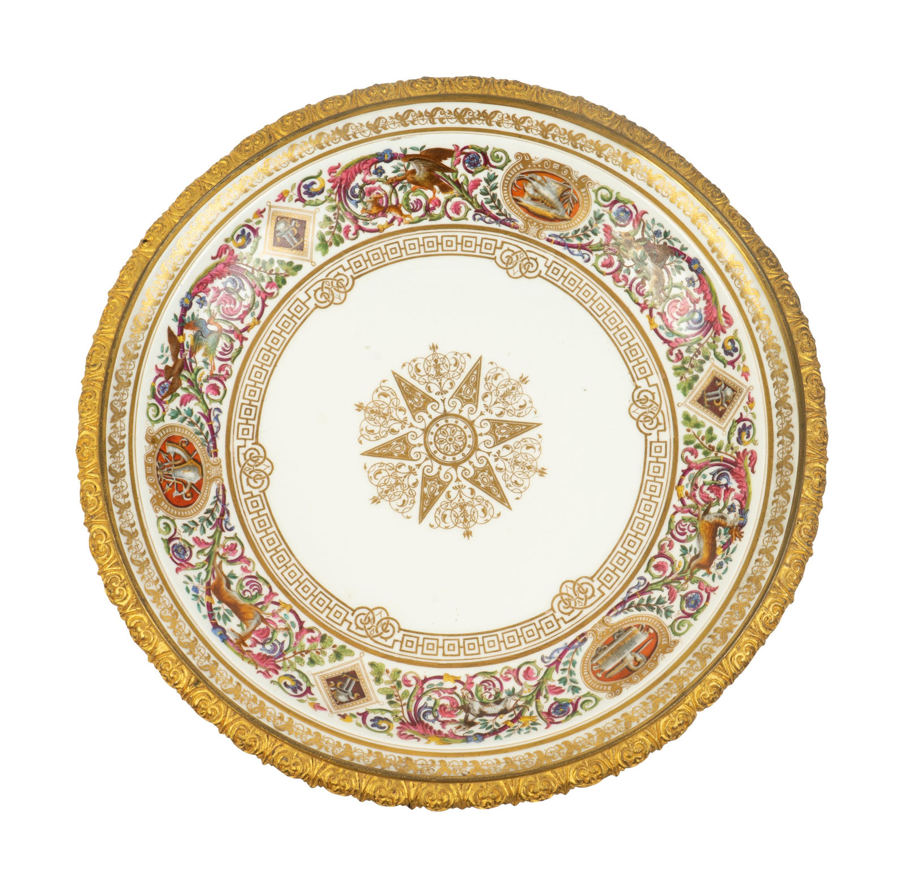A Sevres Style Gilt Metal Mounted Porcelain Plate After the Service Ordinaire de Fontainebleau of Louis Philippe — LATE 19TH/EARLY 20TH CENTURY