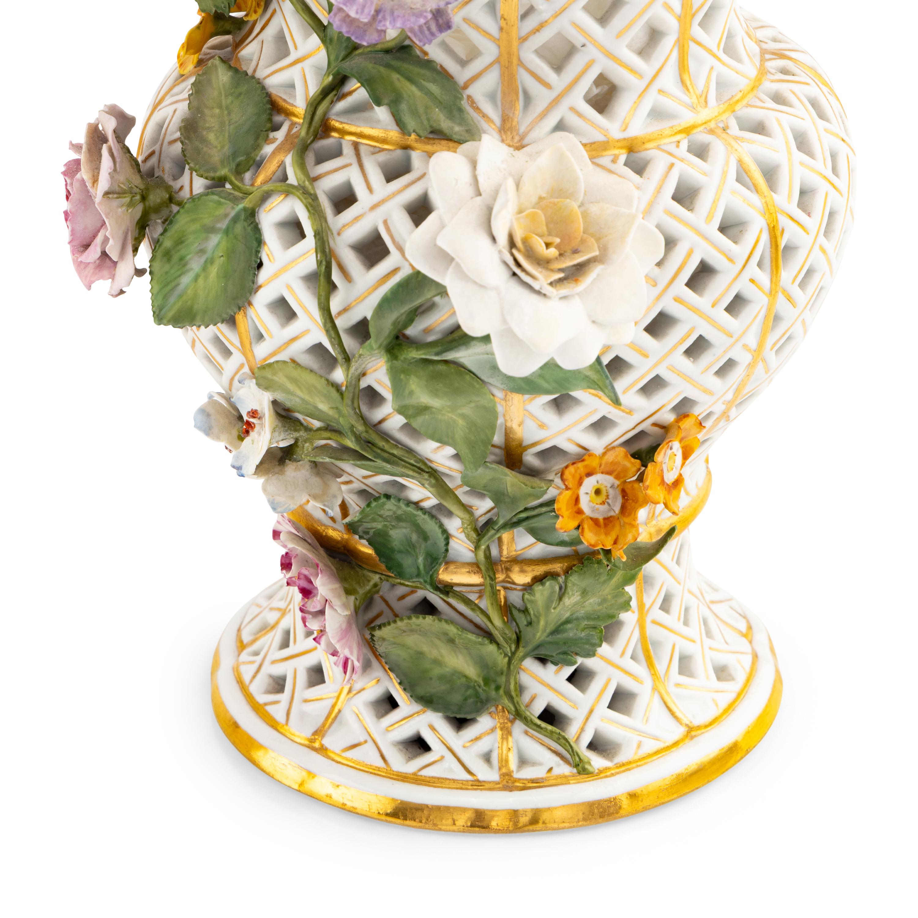 A Pair of Meissen Reticulated Floral Vases