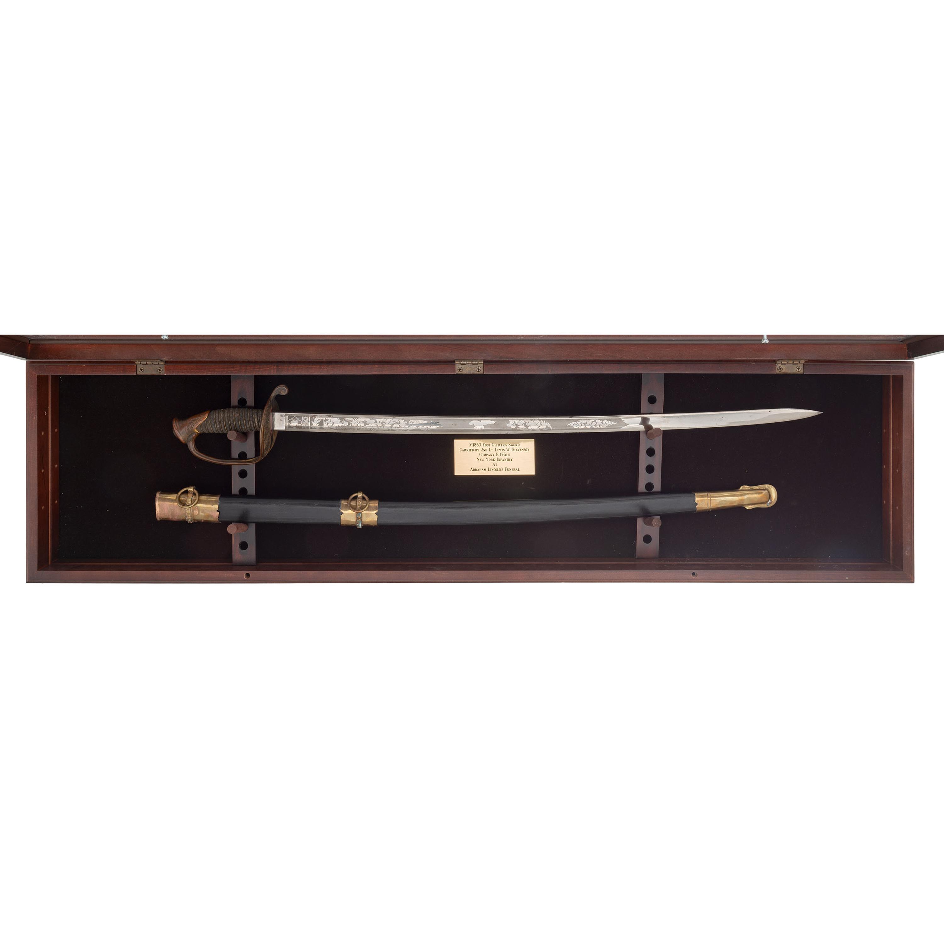 US Model 1850 Foot Officer's Sword by Collins & Co in Display Case Attributed to 2nd Lt. Lewis W Stevenson 176th New York Infantry