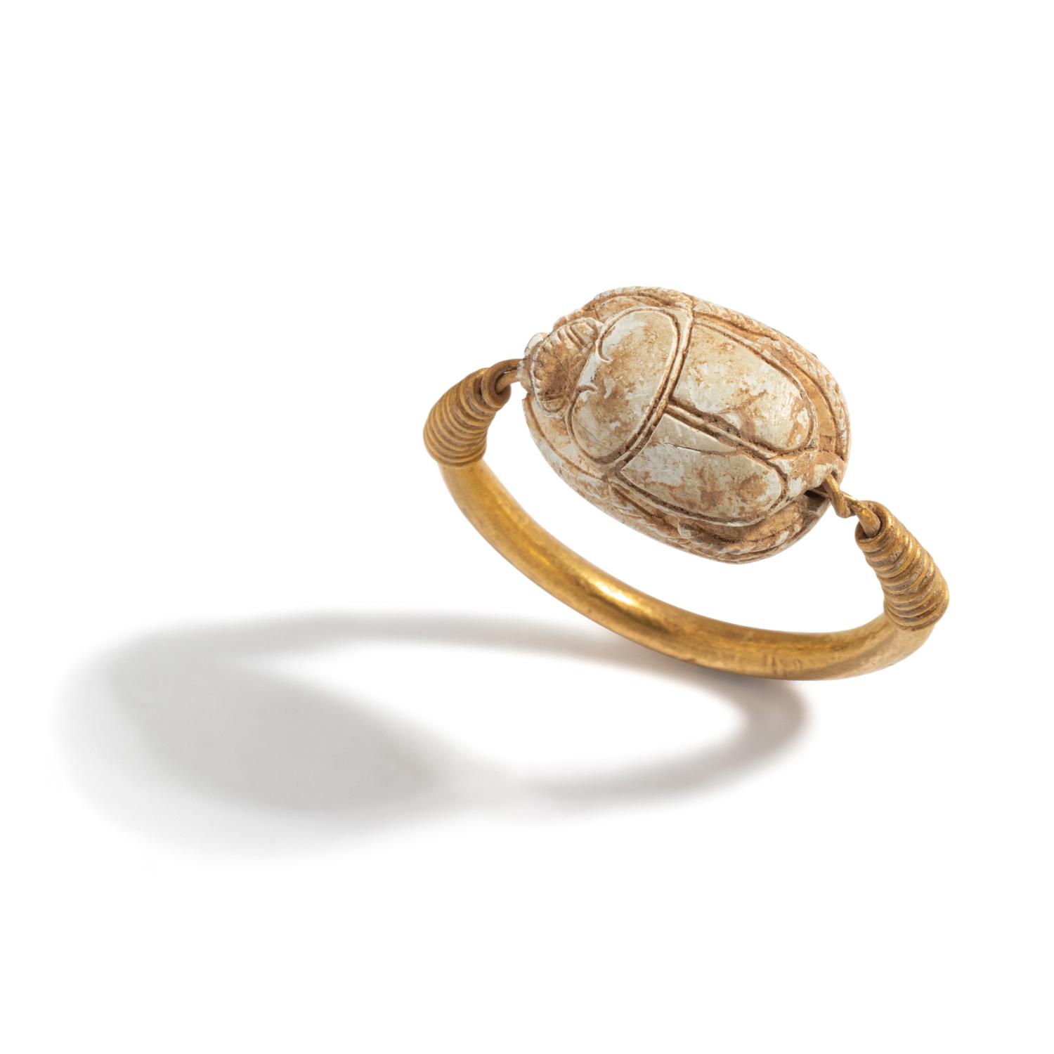 An Egyptian Gold and Steatite Scarab Swivel Ring
