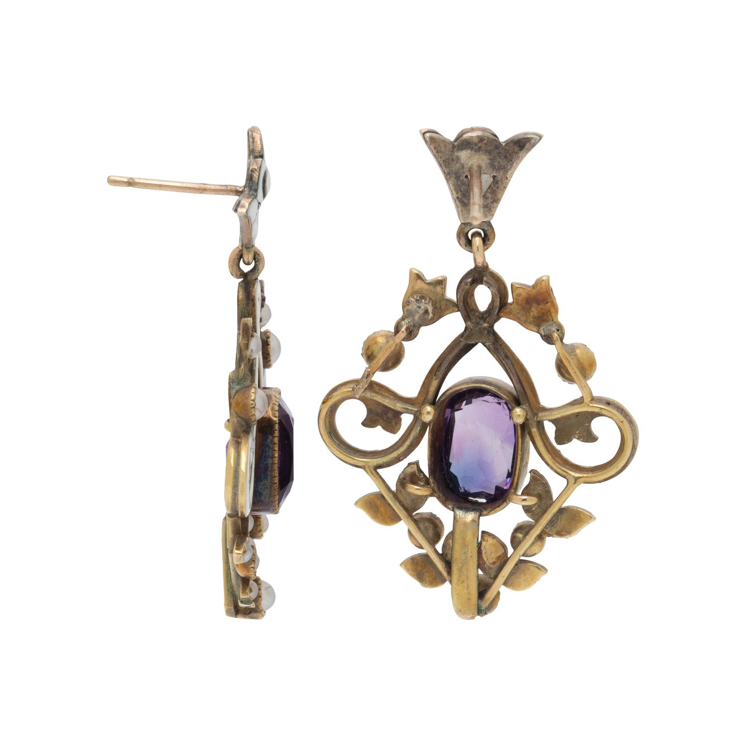 VICTORIAN, AMETHYST, SEED PEARL, ENAMEL, AND YELLOW GOLD EARRINGS