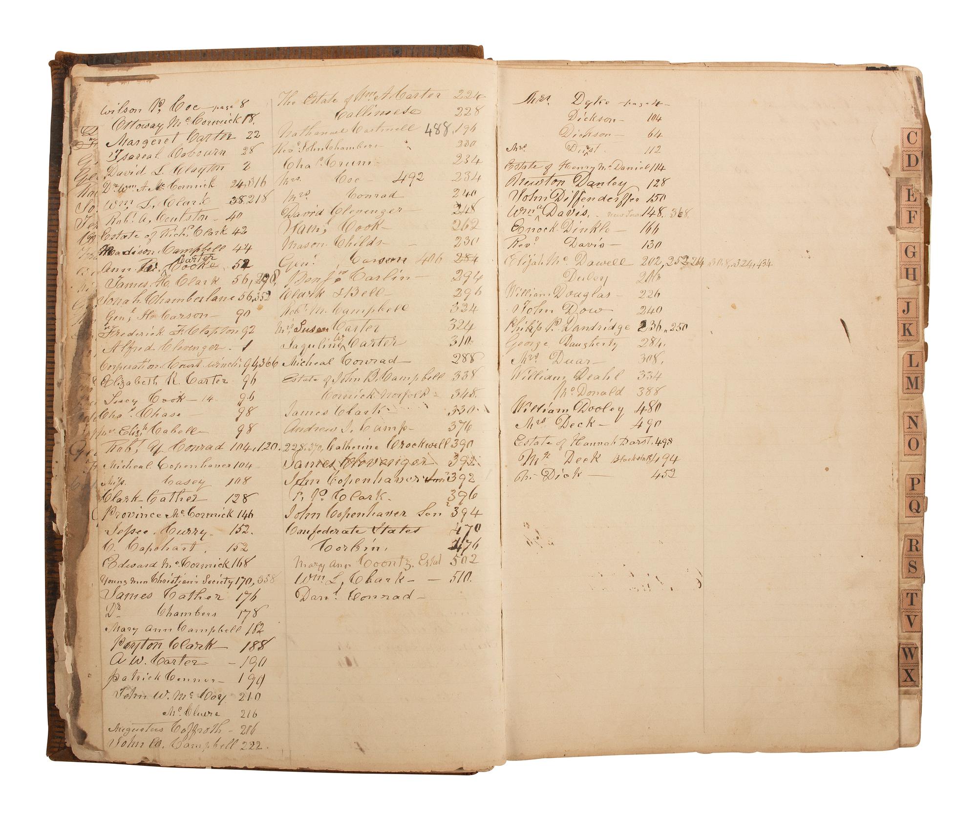 [CIVIL WAR]. Ledger book associated with Winchester, Virginia, cabinet maker John Kerr (1797-1875), documenting coffins built and sold for Union and Confederate soldiers as well as other wartime activity.
