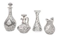A Group of Four Silver Overlay Glass Table Articles Height of tallest 9 1/2 inches.