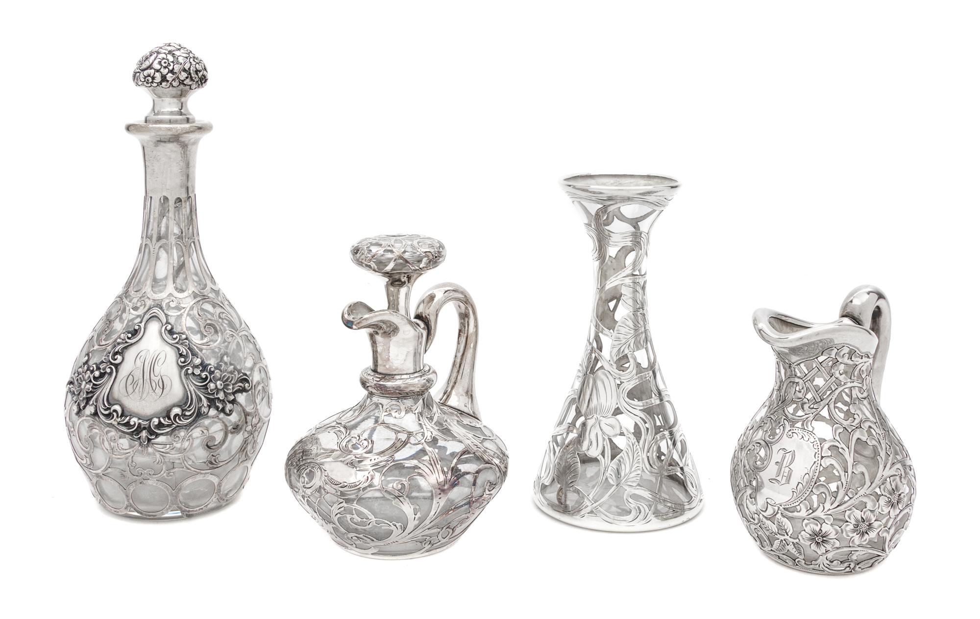 A Group of Four Silver Overlay Glass Table Articles Height of tallest 9 1/2 inches.
