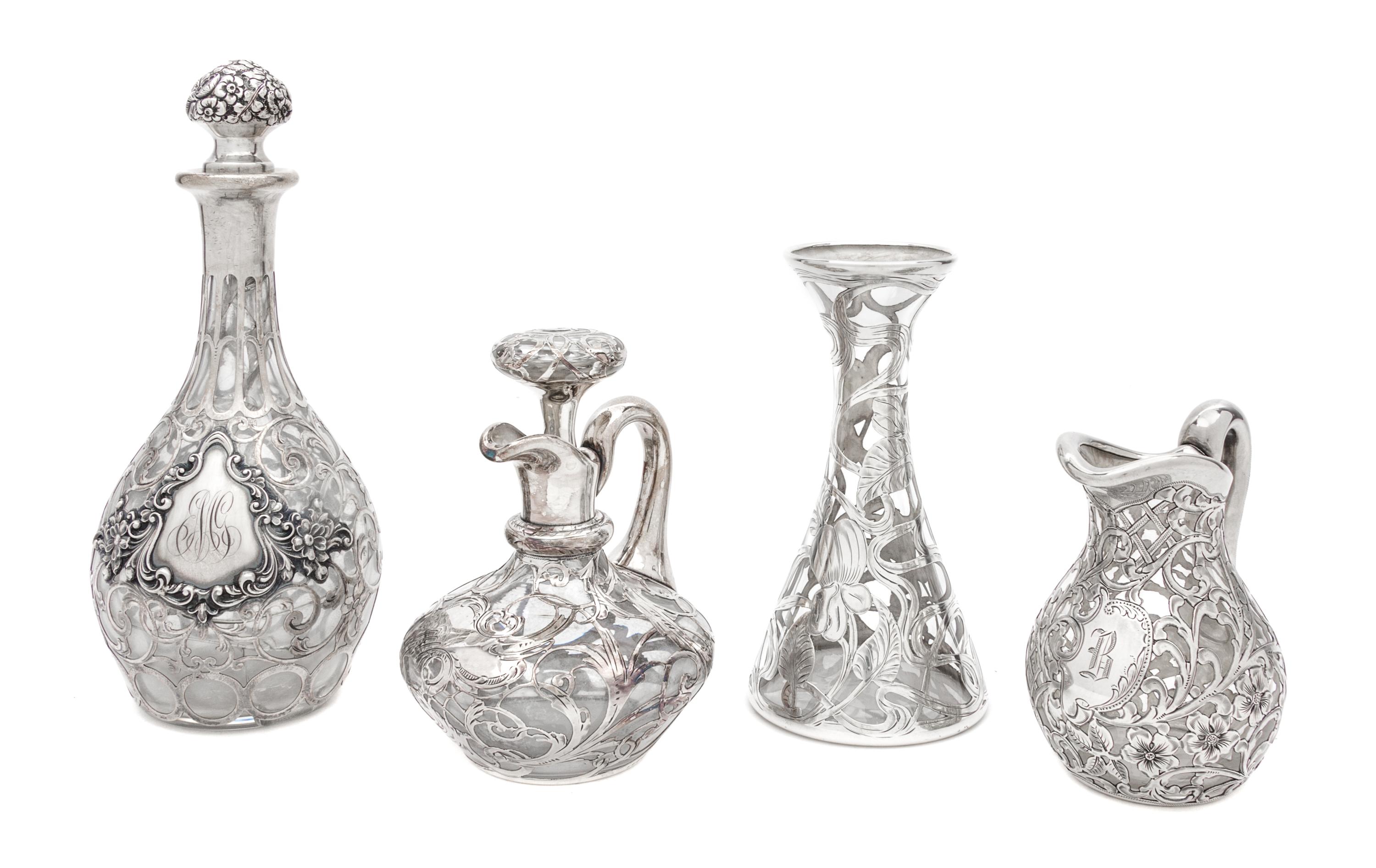 A Group of Four Silver Overlay Glass Table Articles Height of tallest 9 1/2 inches.