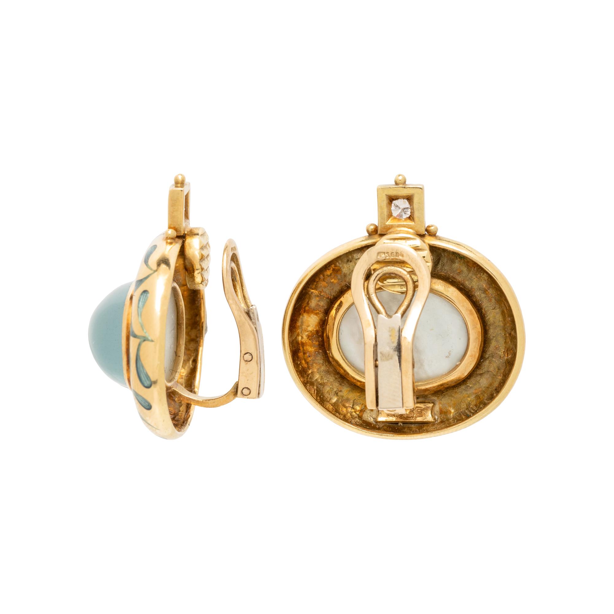 ELIZABETH GAGE, AQUAMARINE, ENAMEL, AND DIAMOND CLIP EARRINGS