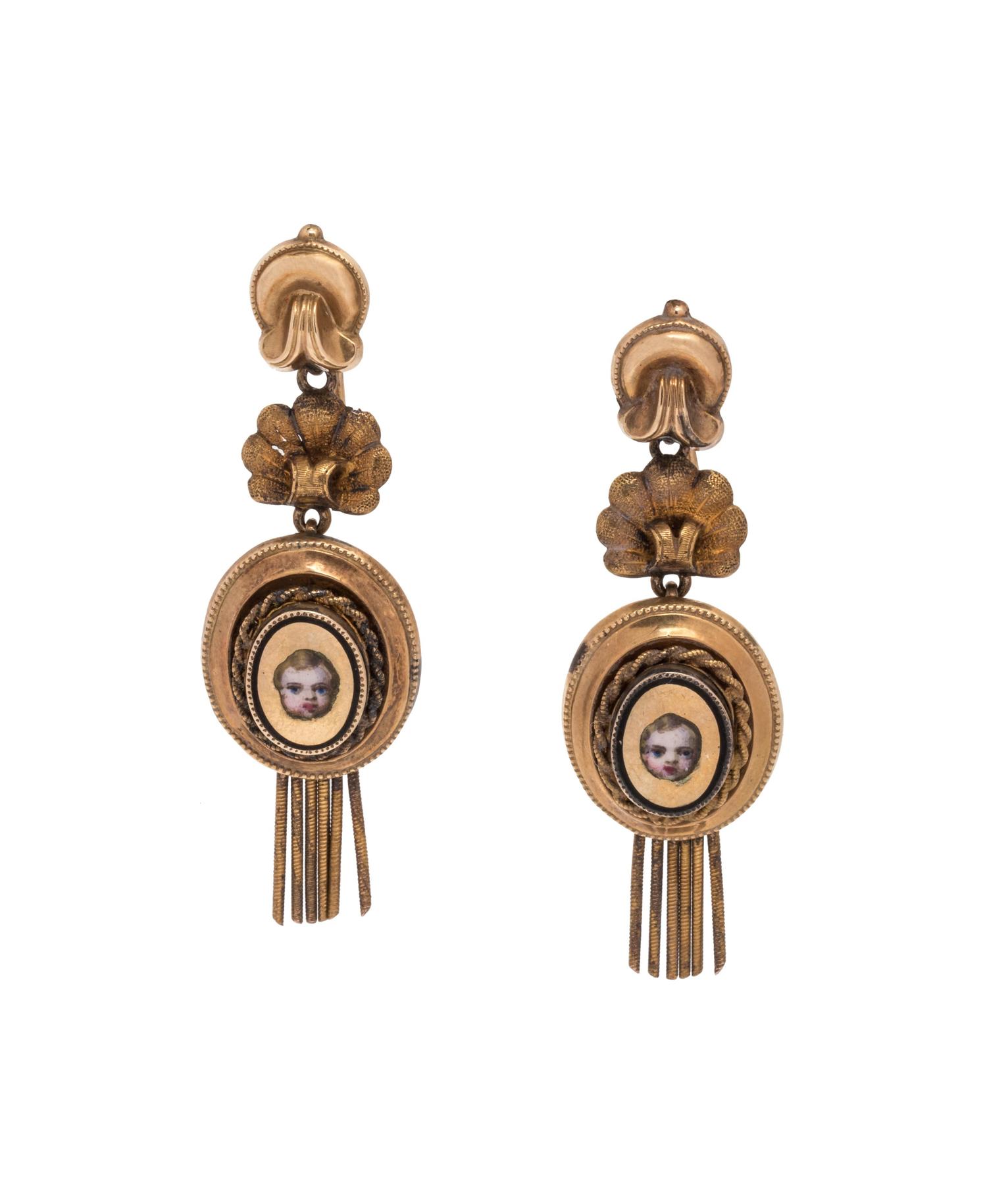 Antique, Gold and Polychrome Enamel Putti Earrings