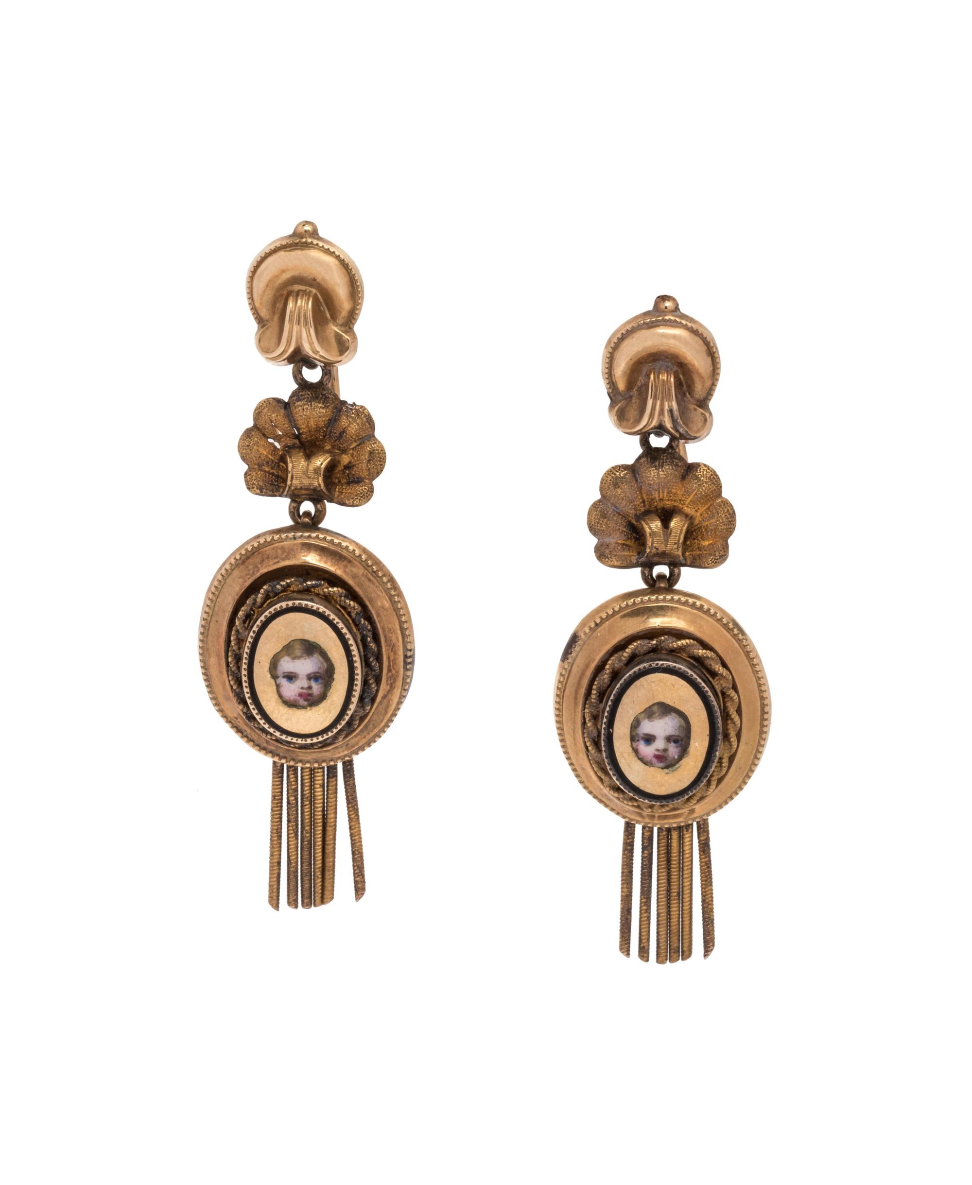 Antique, Gold and Polychrome Enamel Putti Earrings