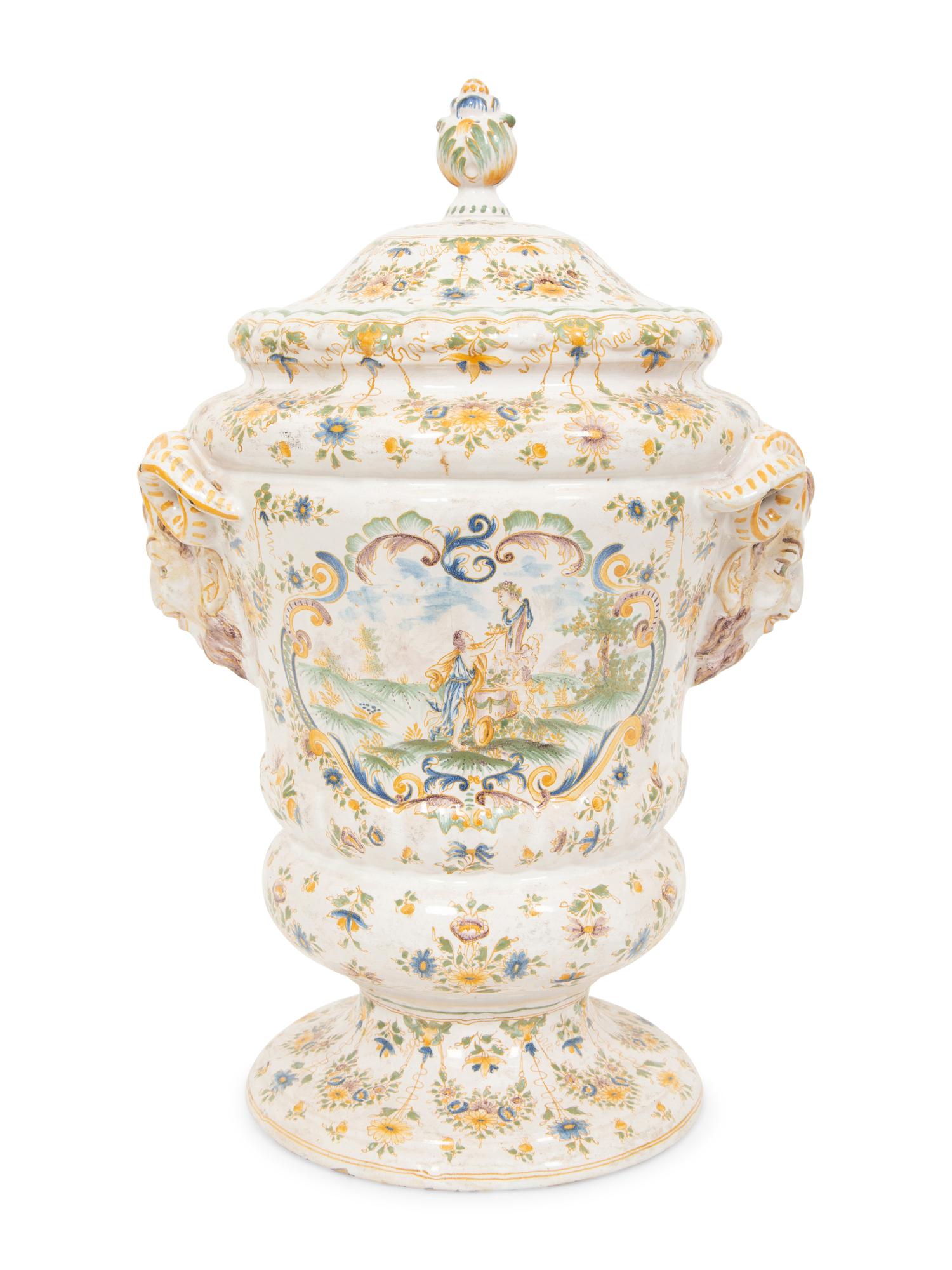 A Large Majolica Covered Urn with Horned Satyr Mask Handles