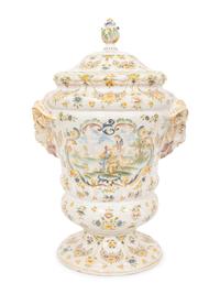 A Large Majolica Covered Urn with Horned Satyr Mask Handles