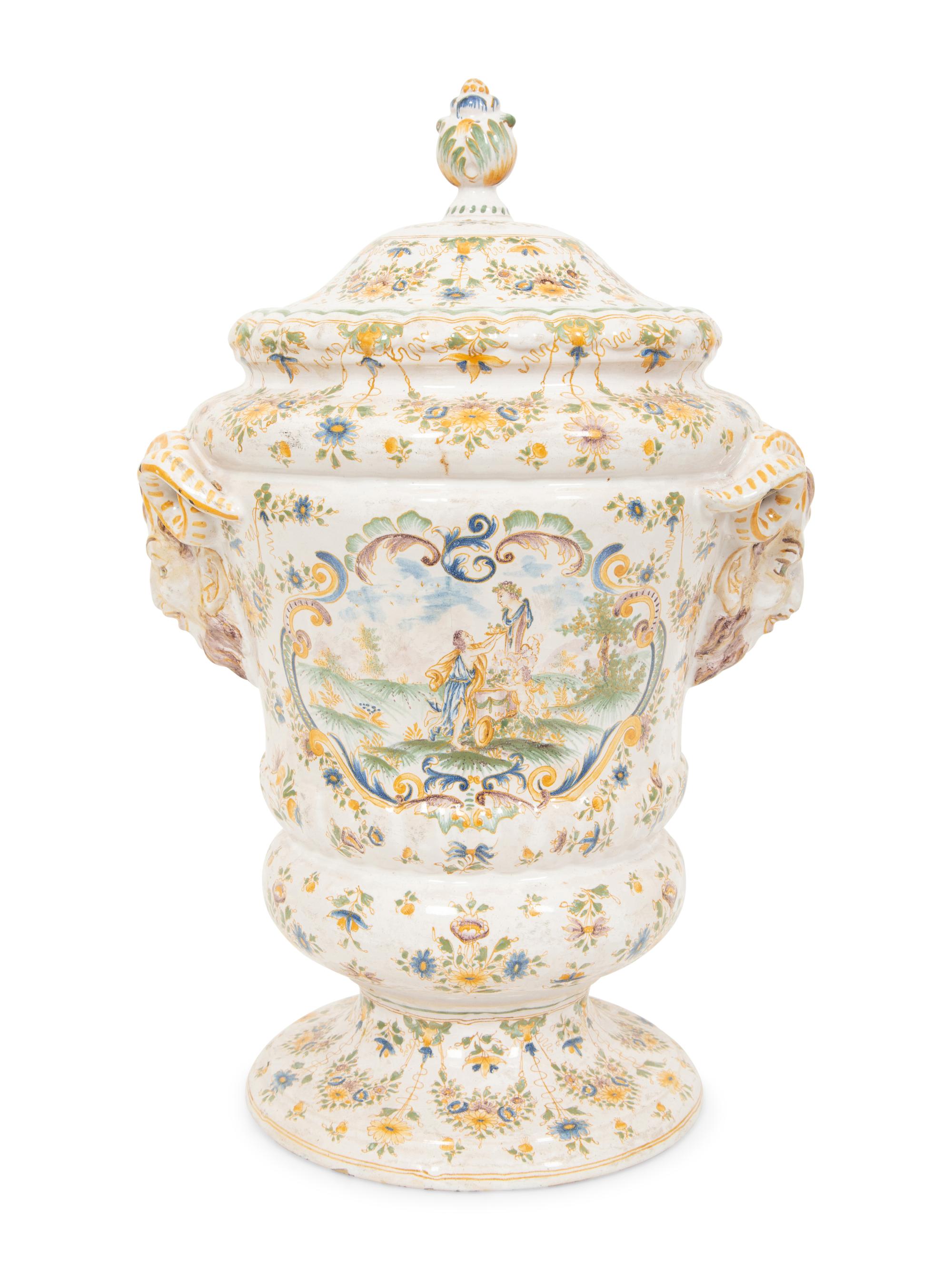 A Large Majolica Covered Urn with Horned Satyr Mask Handles