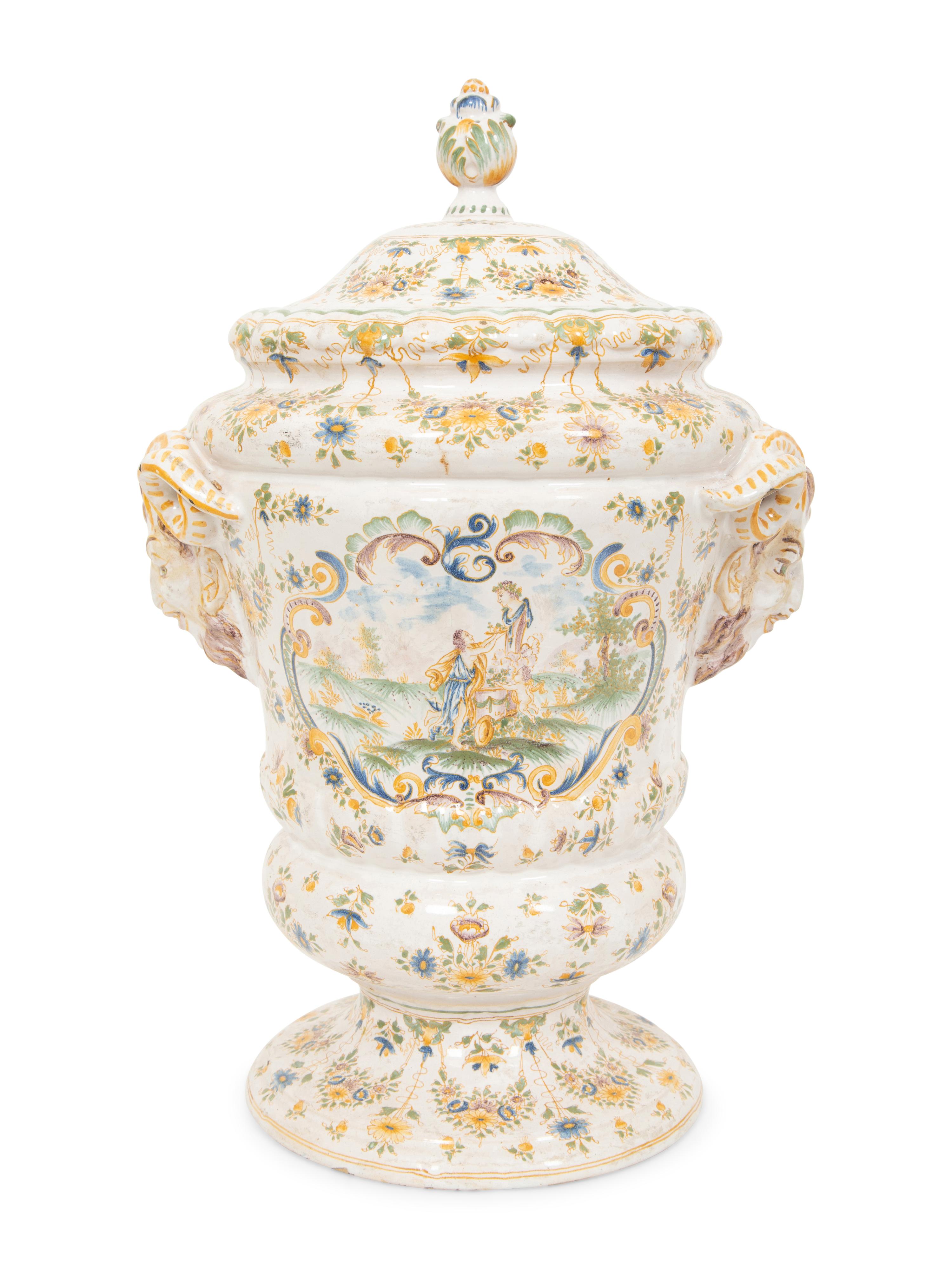 A Large Majolica Covered Urn with Horned Satyr Mask Handles