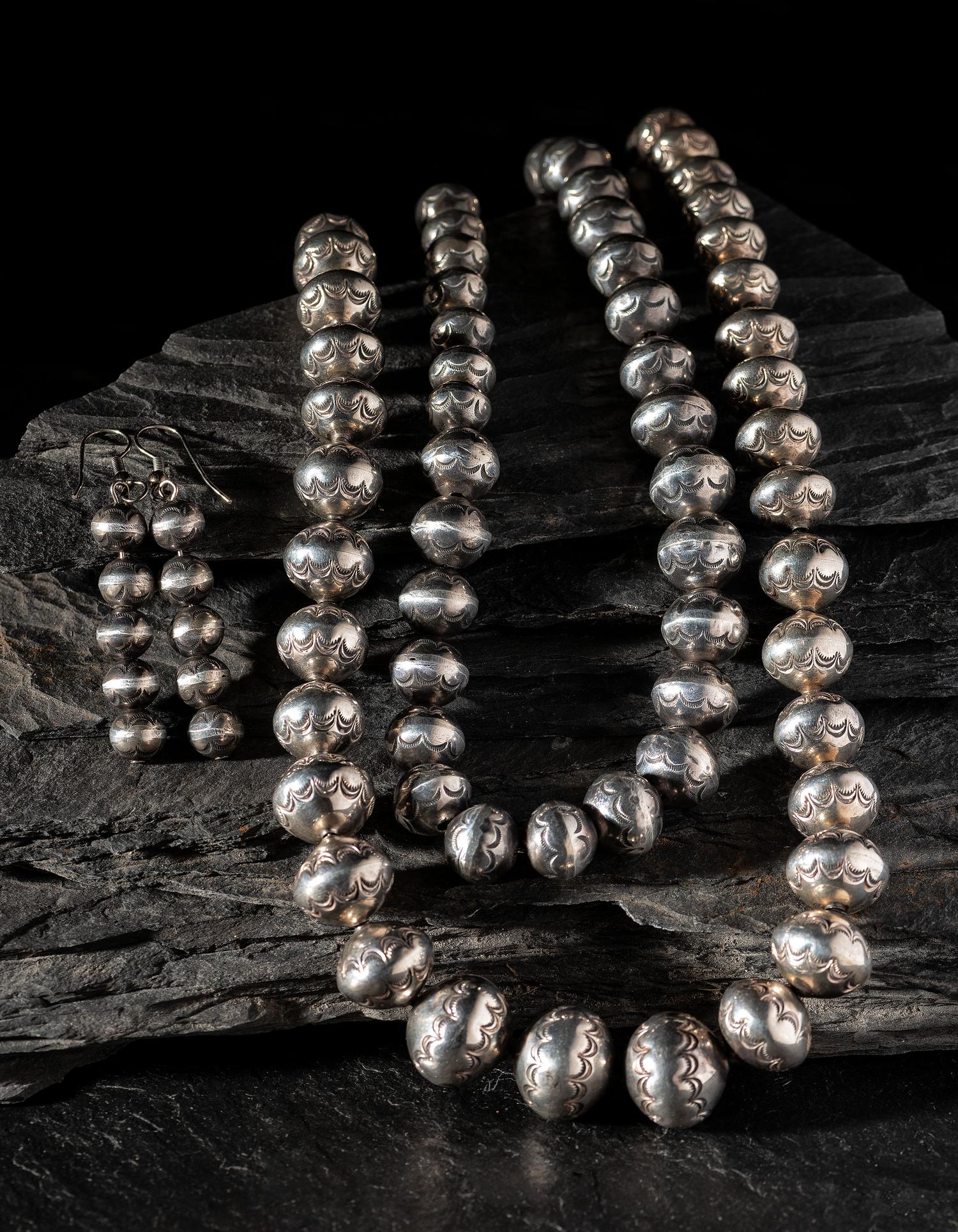 Pair of Navajo Graduated Silver Bead Necklaces, PLUS A Pair of Matching Hook Earrings