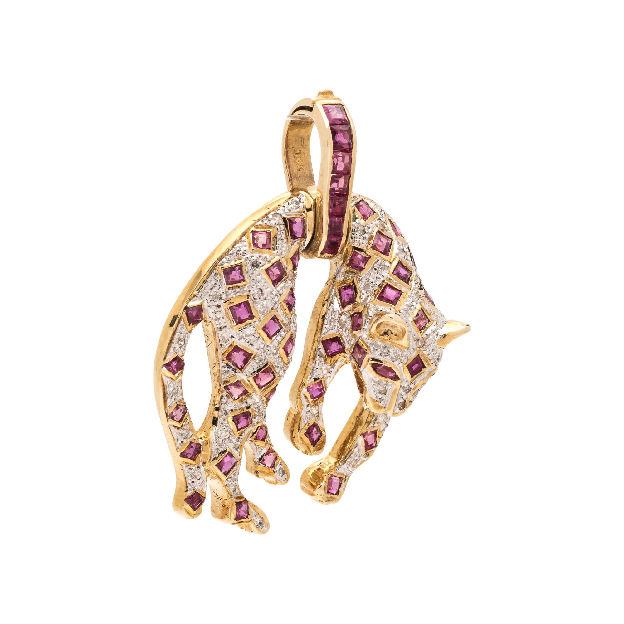 SYNTHETIC RUBY AND DIAMOND LEOPARD PENDANT/BROOCH
