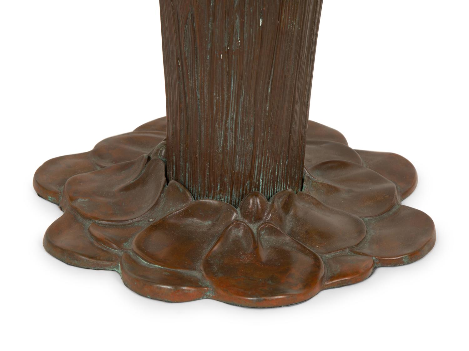 A Gilbertson's Studio Leaded Glass and Bronze Water Lily Lamp