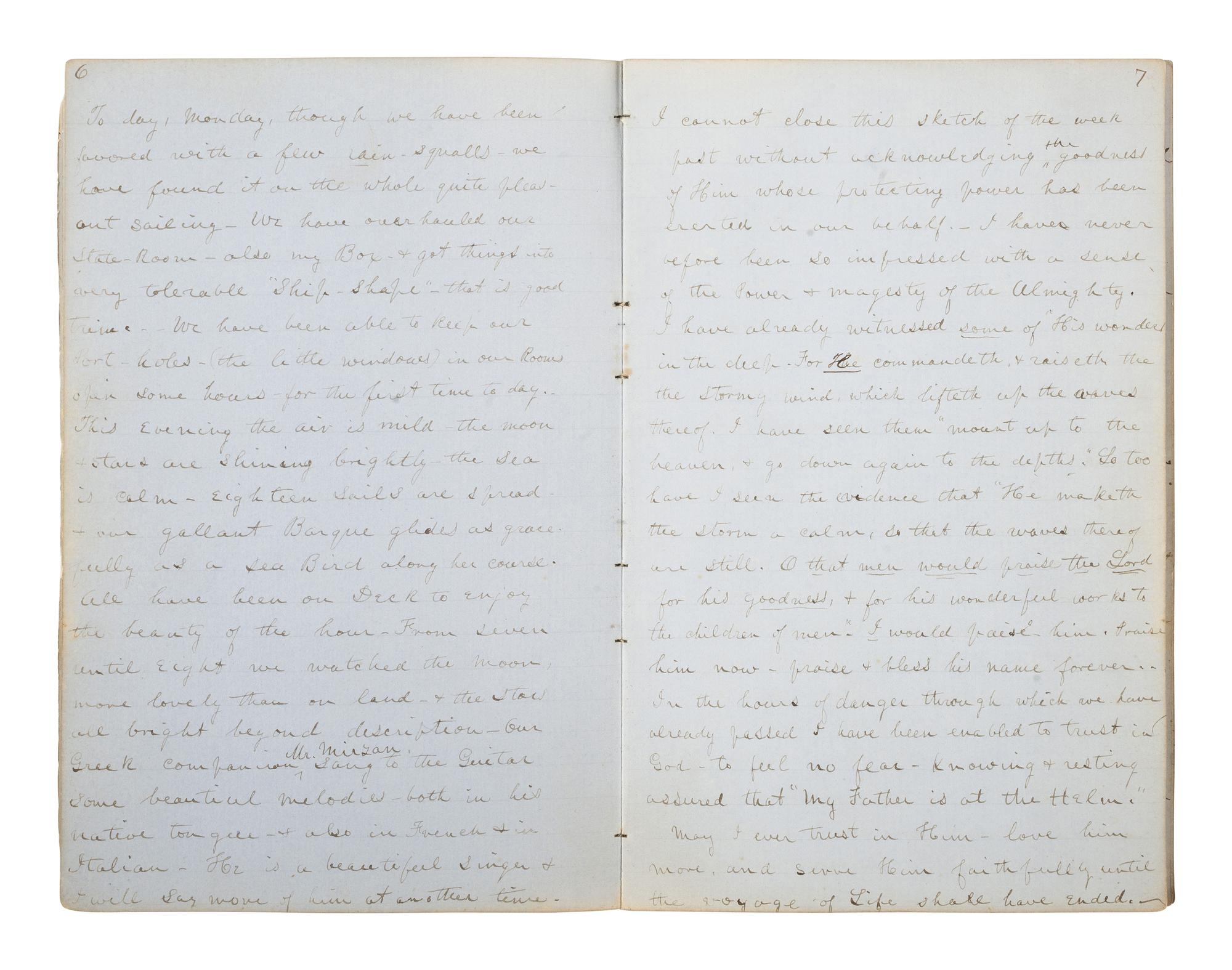 [SHIPWRECK MANUSCRIPT]. JEWETT, Fayette. "Journal of a Voyage from Boston to Smyrna in Bark Edisto Capt. Kendrick." 21 March-29 April 1853.