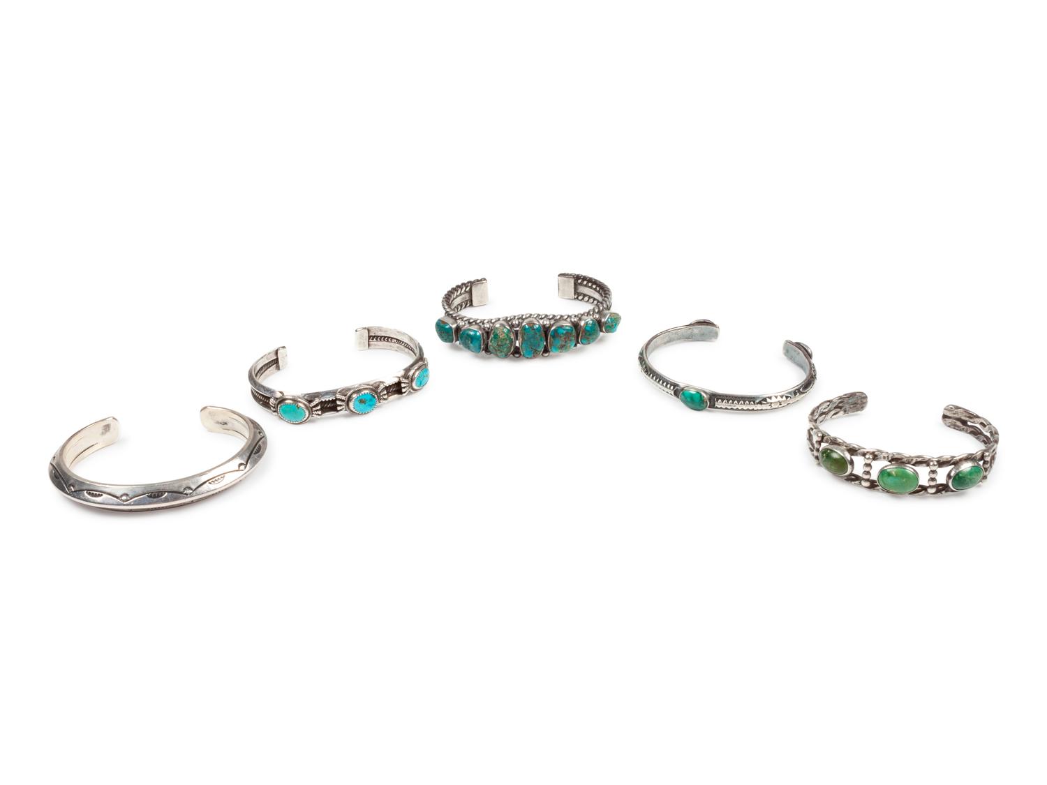Five Navajo and Zuni Silver Cuff Bracelets
