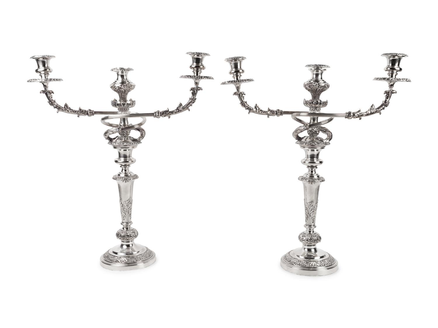 A Pair of Sheffield Plated Three-Light Candelabra — EARLY 20TH CENTURY