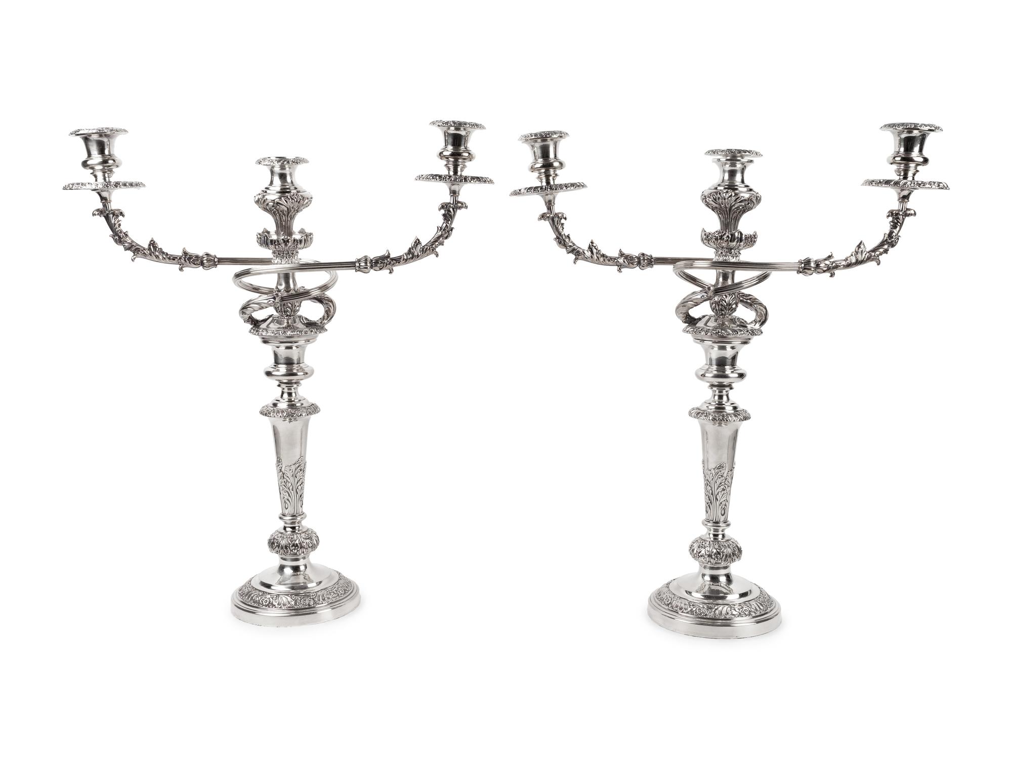 A Pair of Sheffield Plated Three-Light Candelabra — EARLY 20TH CENTURY