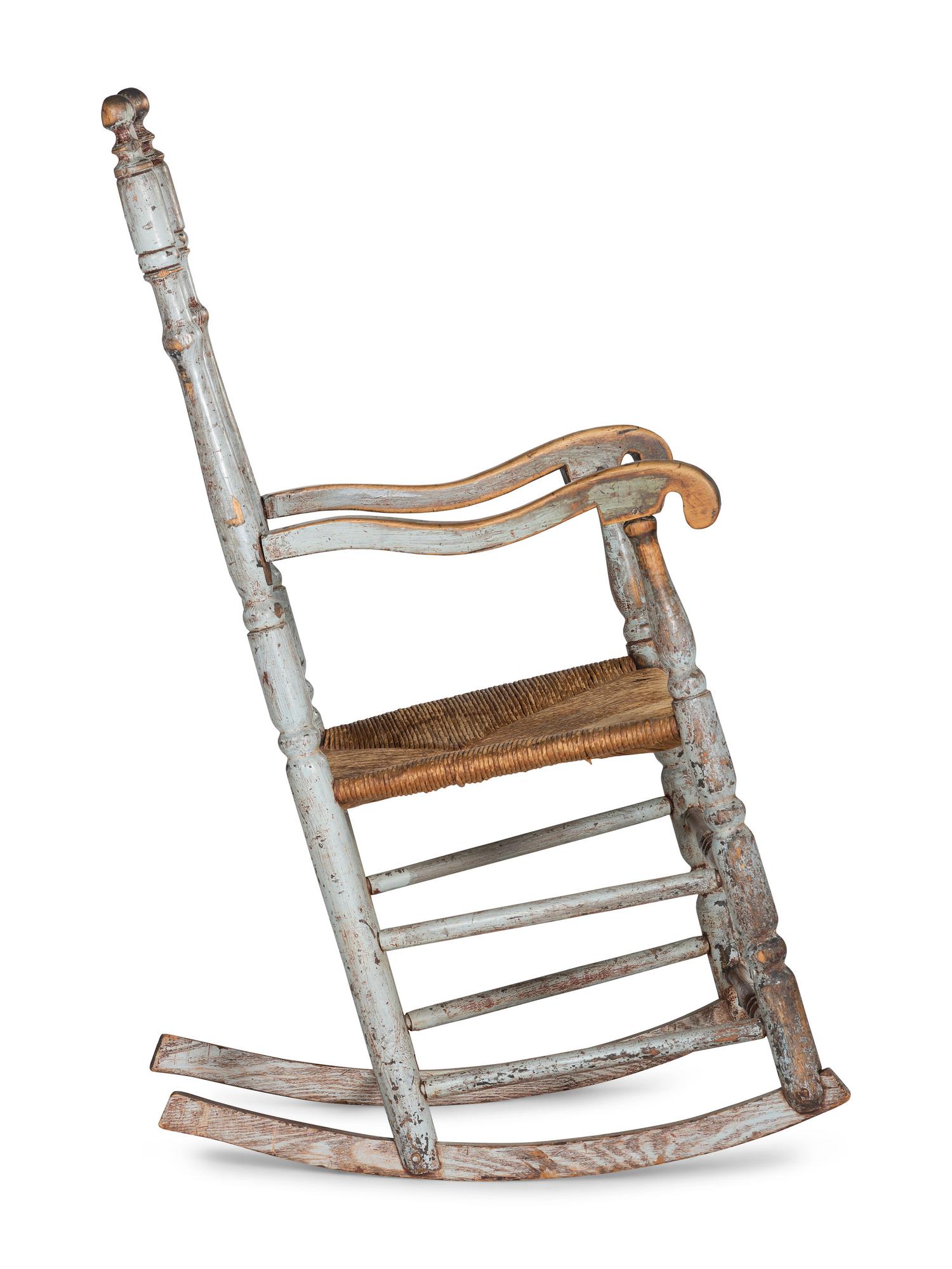 A William and Mary Paint Decorated Rush-Seat Bannister-Back Armchair Rocker