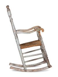 A William and Mary Paint Decorated Rush-Seat Bannister-Back Armchair Rocker