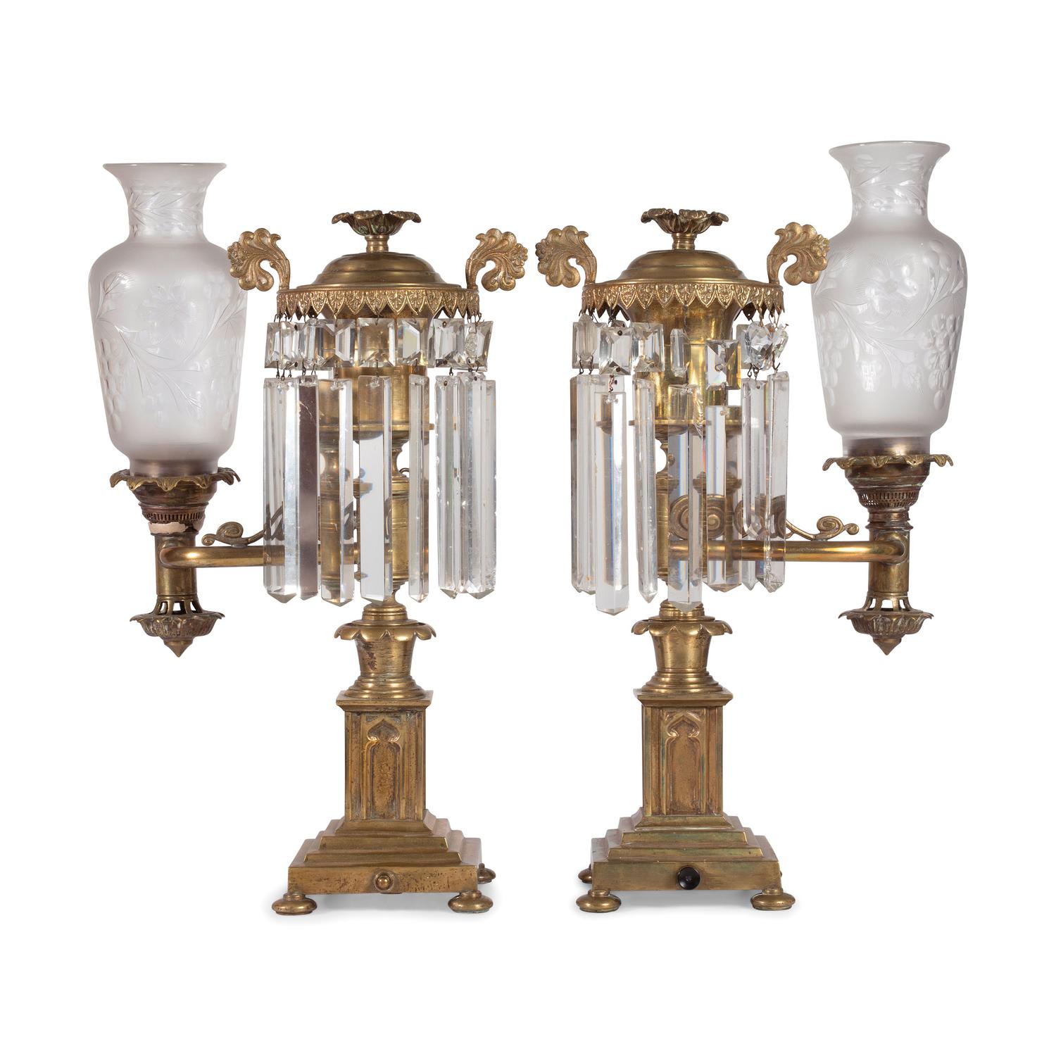 A Pair of Classical Frosted and Etched Glass Mounted Brass Oil Lamps