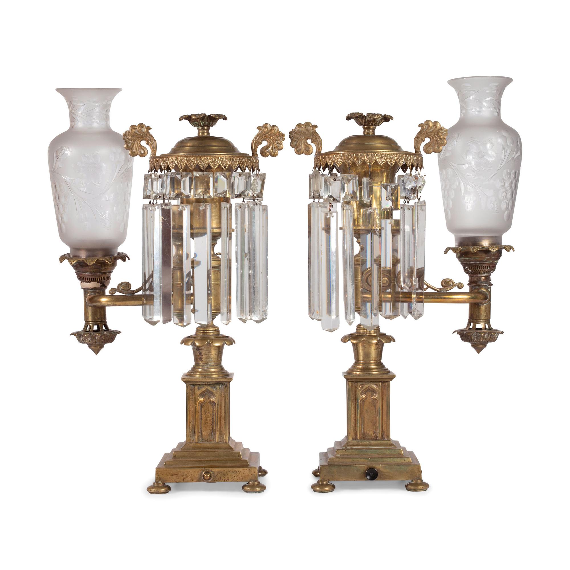 A Pair of Classical Frosted and Etched Glass Mounted Brass Oil Lamps