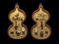 A Pair of Chinese Jade and Hardstone Embellished Yellow Lacquered Wood Gourd-Form Panels 黃漆地嵌寳博古圖葫蘆形挂屏一對