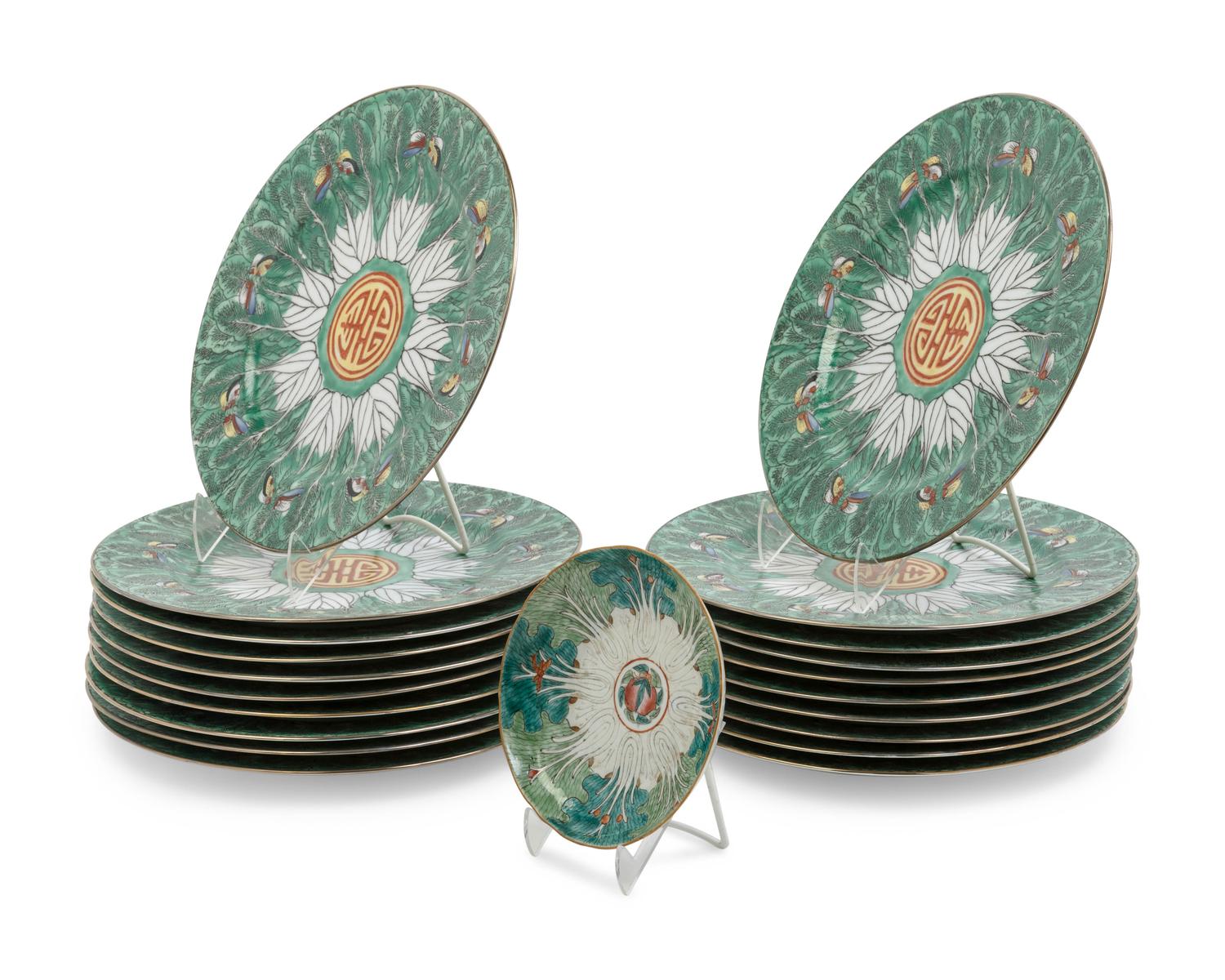 A Partial Set of Chinese Famille Rose 'Cabbage' Porcelain Dinner Service