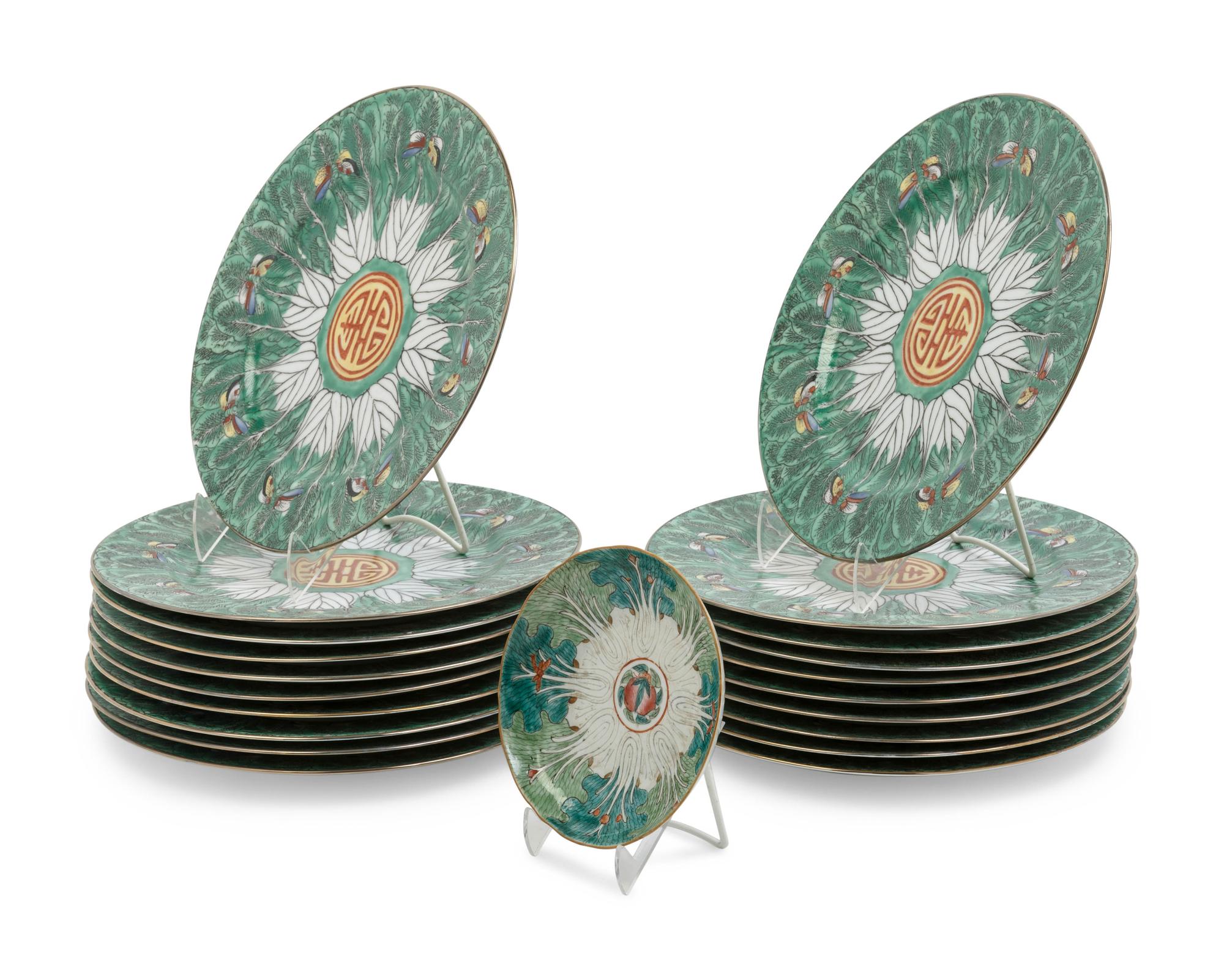 A Partial Set of Chinese Famille Rose 'Cabbage' Porcelain Dinner Service