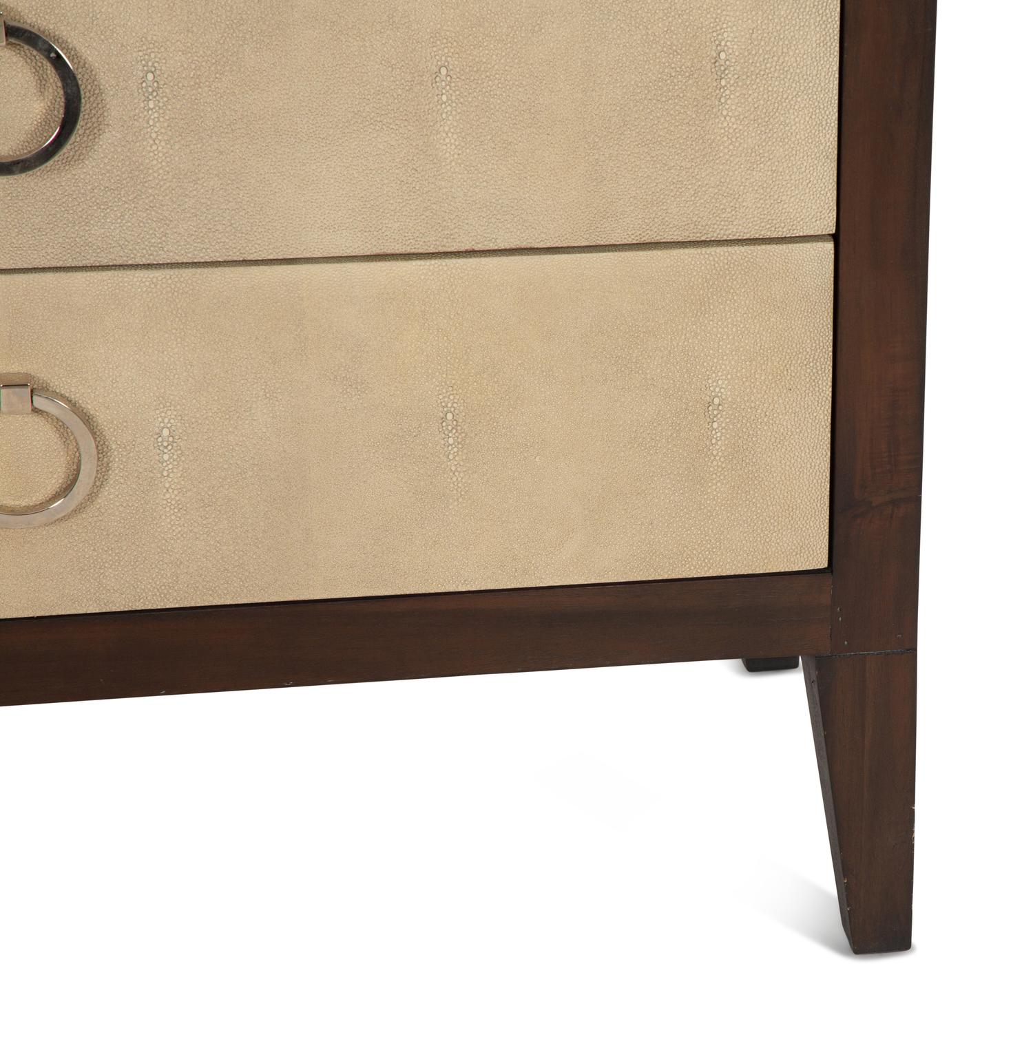 A Pair of Faux Shagreen and Stained Oak Three-Drawer Commodes