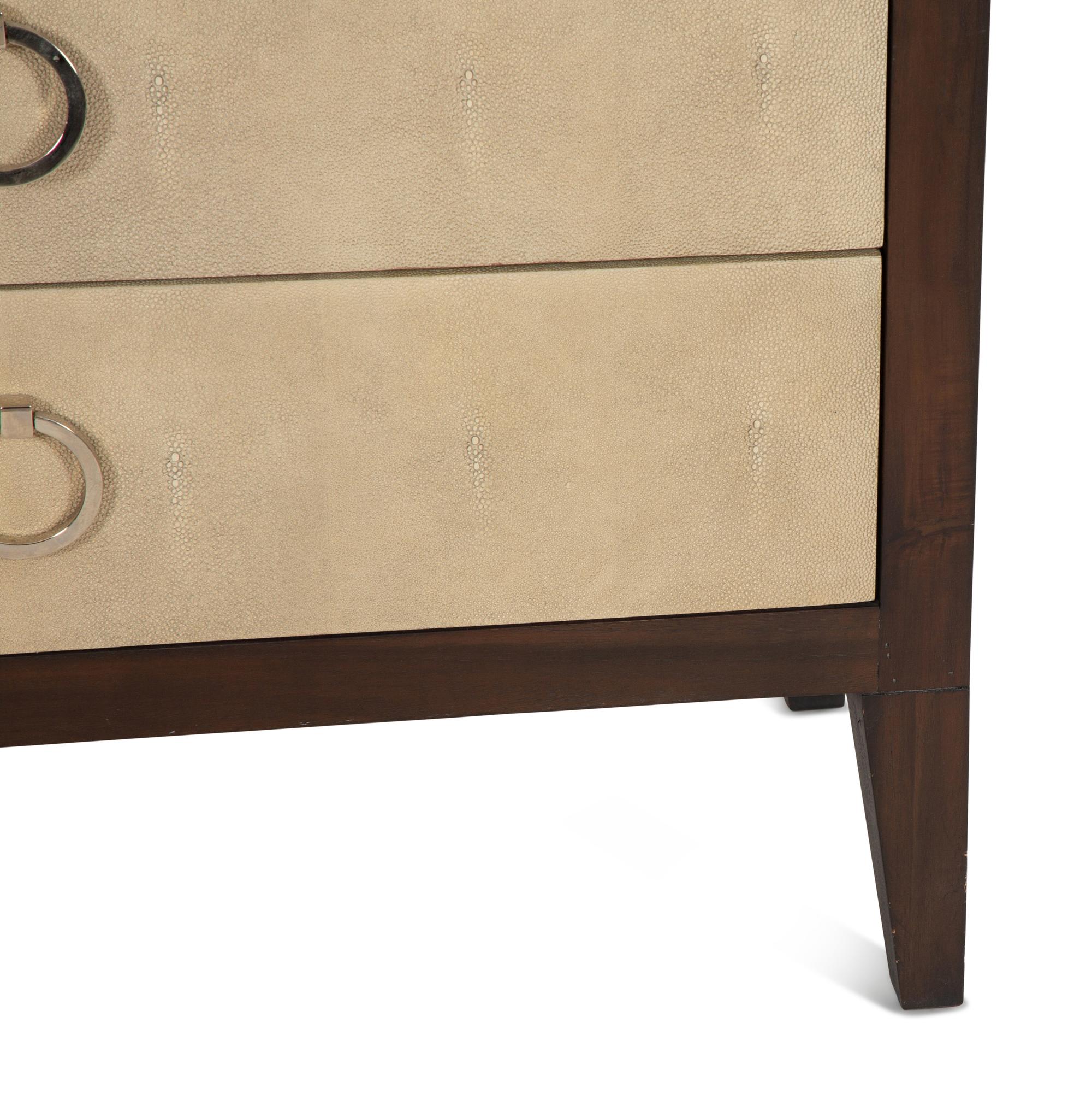 A Pair of Faux Shagreen and Stained Oak Three-Drawer Commodes