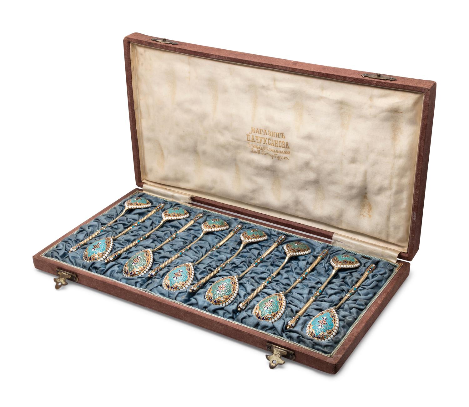 A Set of Twelve Russian Silver-Gilt and Enamel Teaspoons