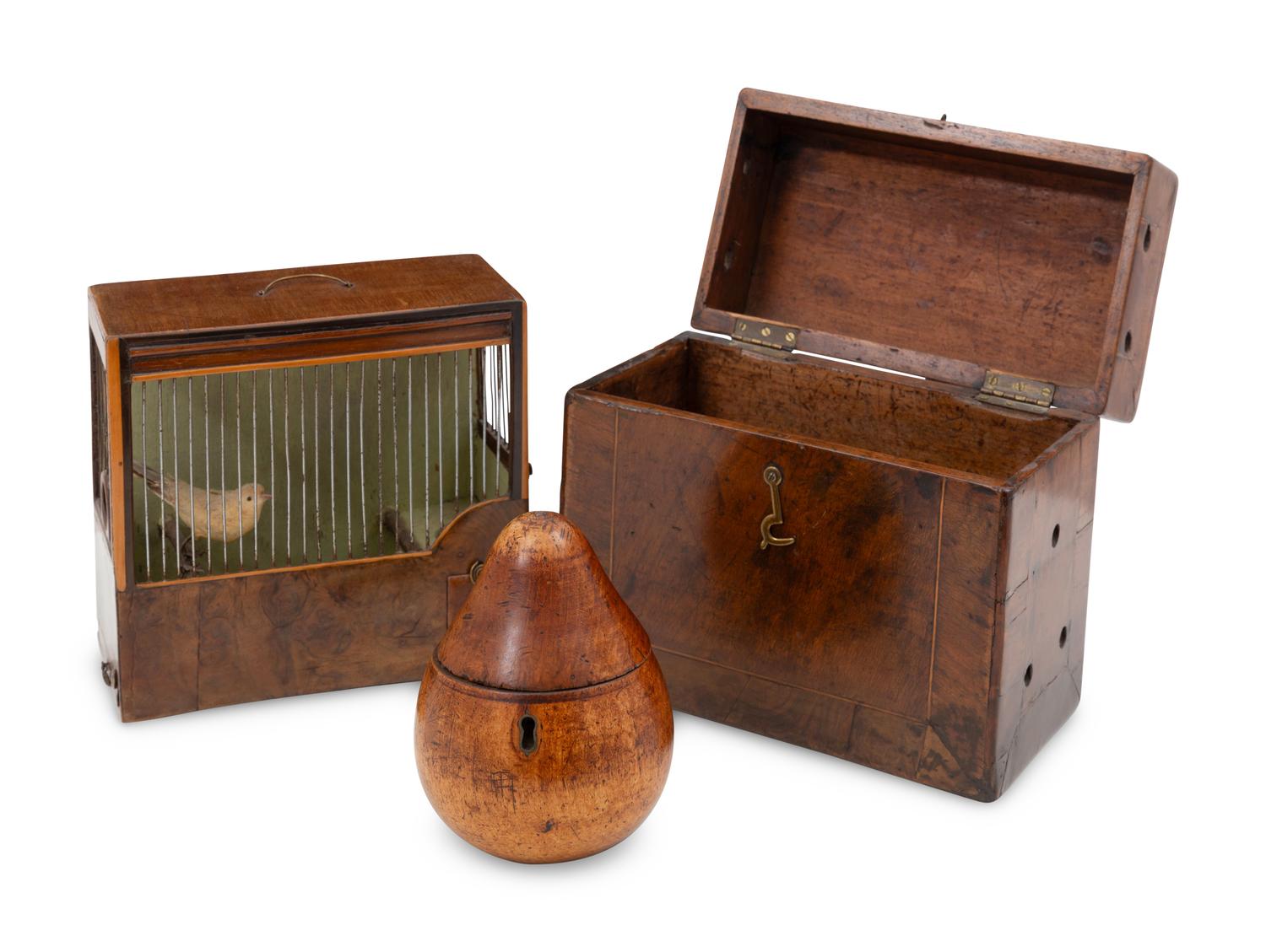 An English Walnut Finch Cage with Fitted Case and a George III Fruitwood Pear-Form Tea Caddy