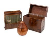 An English Walnut Finch Cage with Fitted Case and a George III Fruitwood Pear-Form Tea Caddy