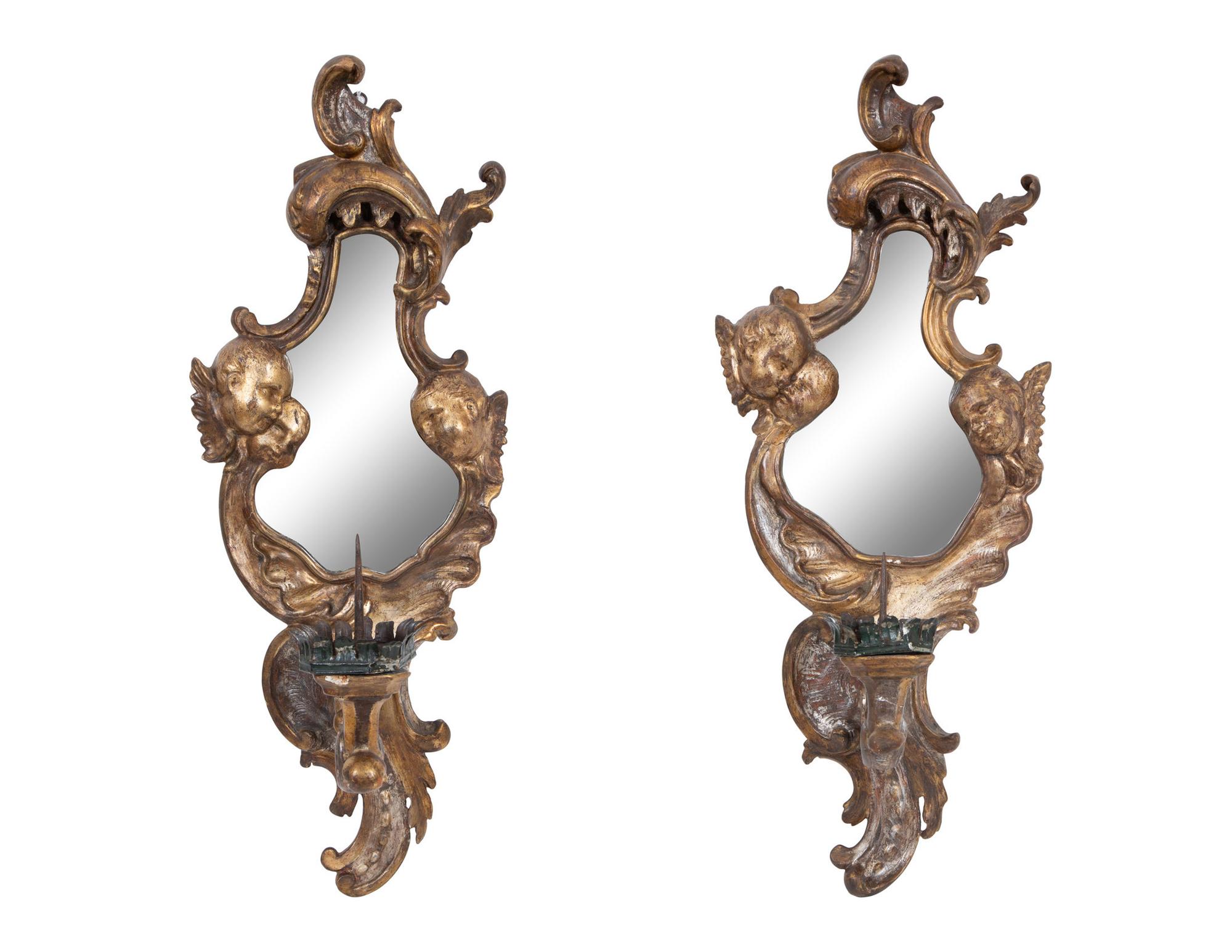 A Pair of Italian Giltwood Mirrored Single-Light Sconces