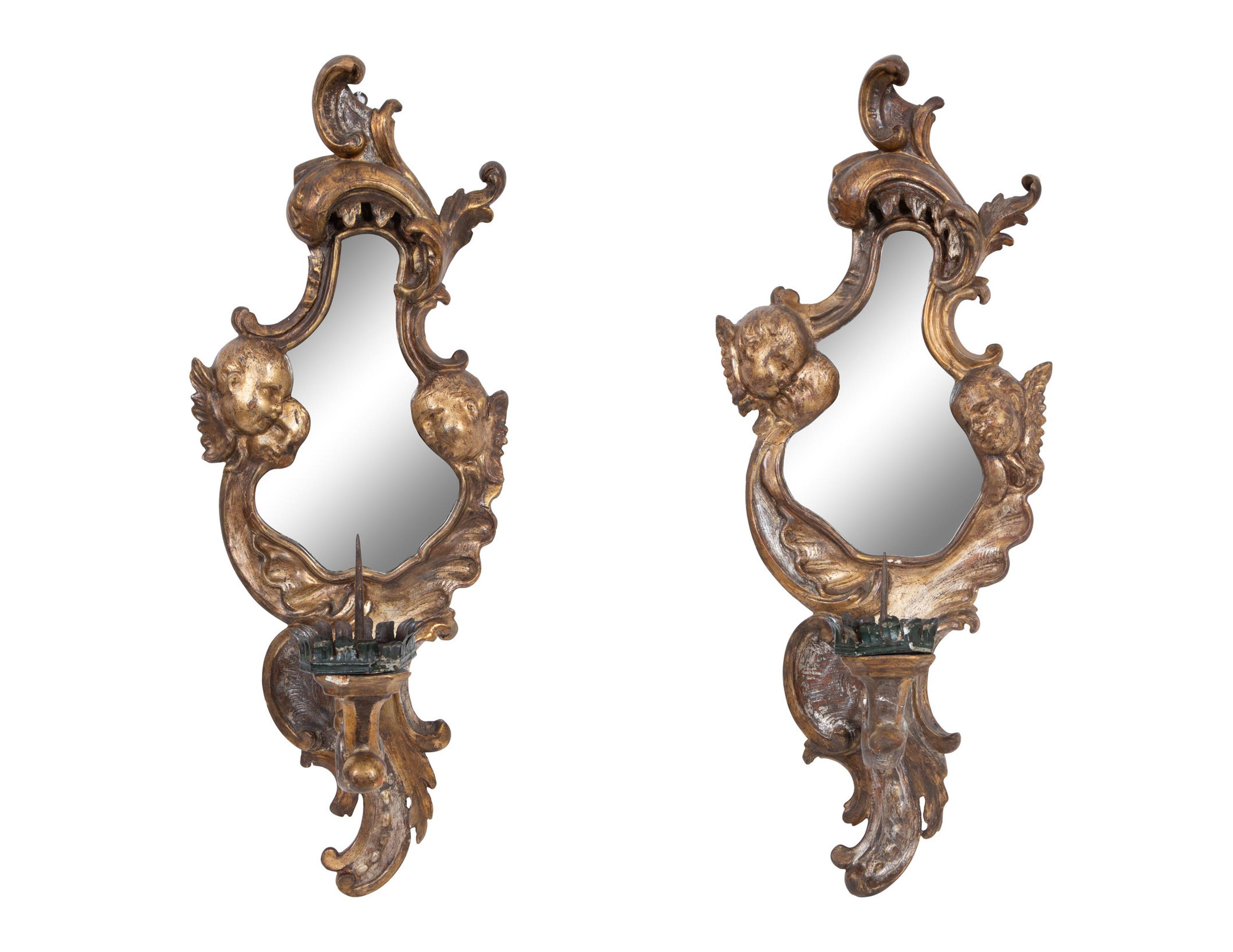 A Pair of Italian Giltwood Mirrored Single-Light Sconces