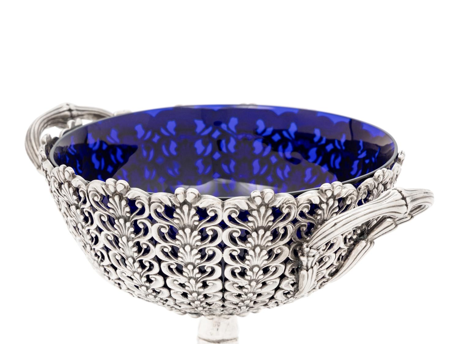 A Victorian Silver Compote with Cobalt Glass Liner