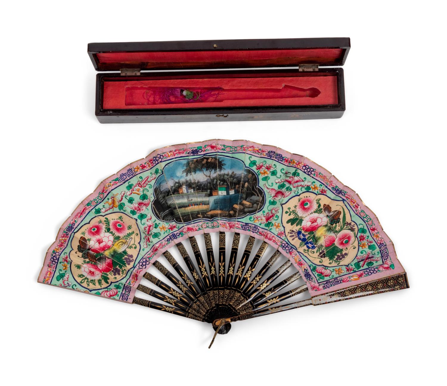 A Chinese Lacquered and Painted Fan