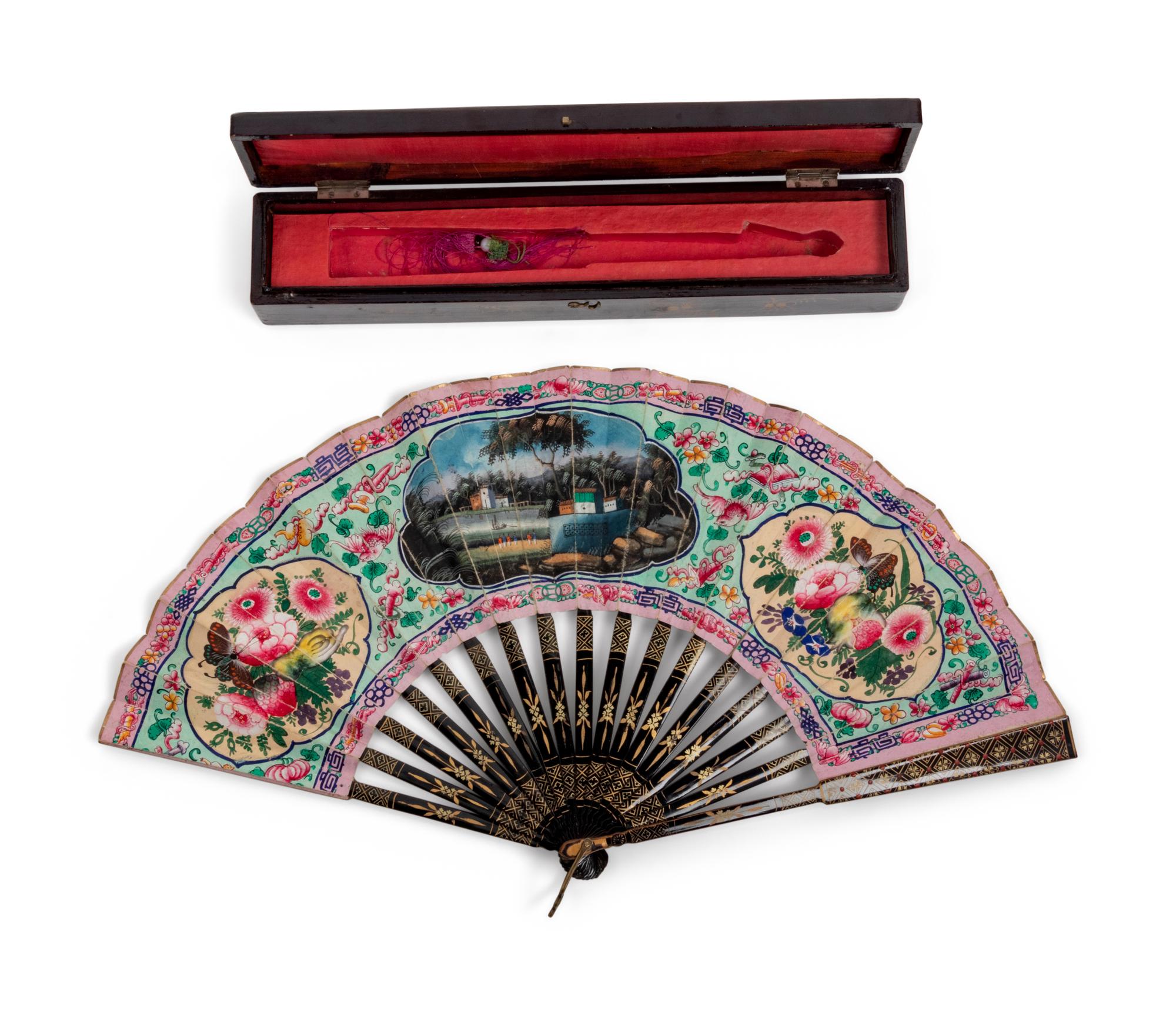A Chinese Lacquered and Painted Fan