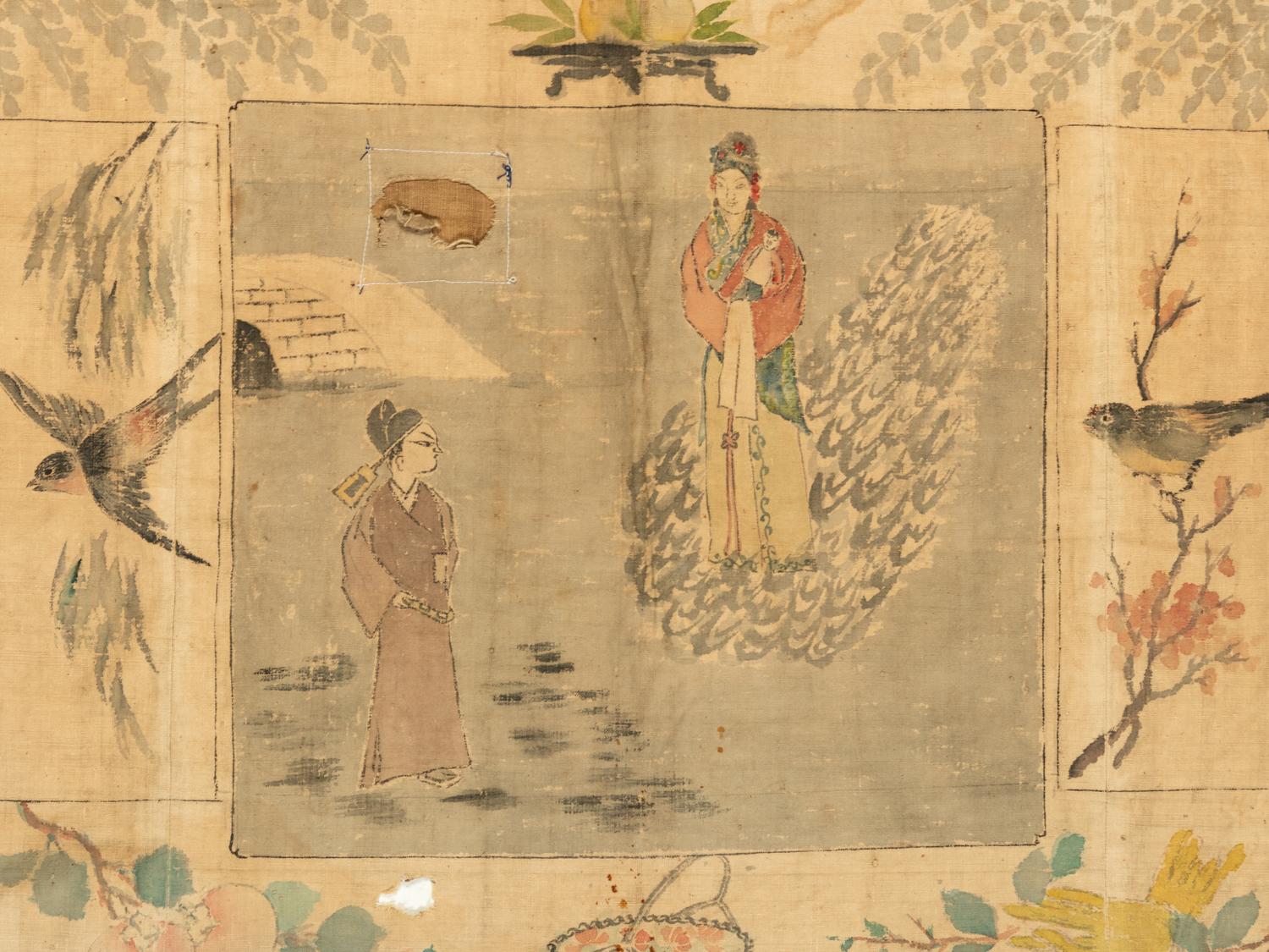 Four Chinese Painted Textile 'Wedding' Panels