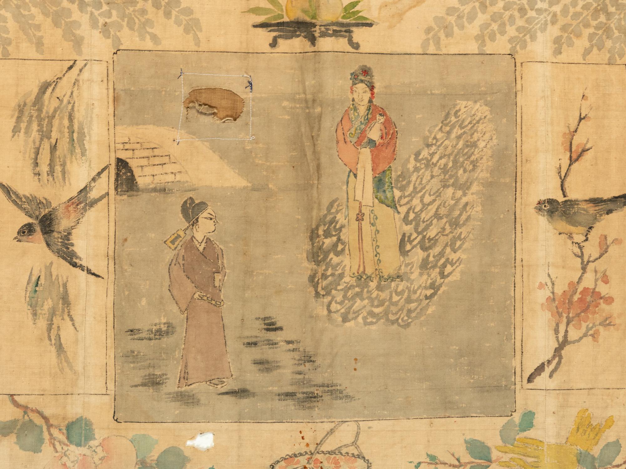 Four Chinese Painted Textile 'Wedding' Panels