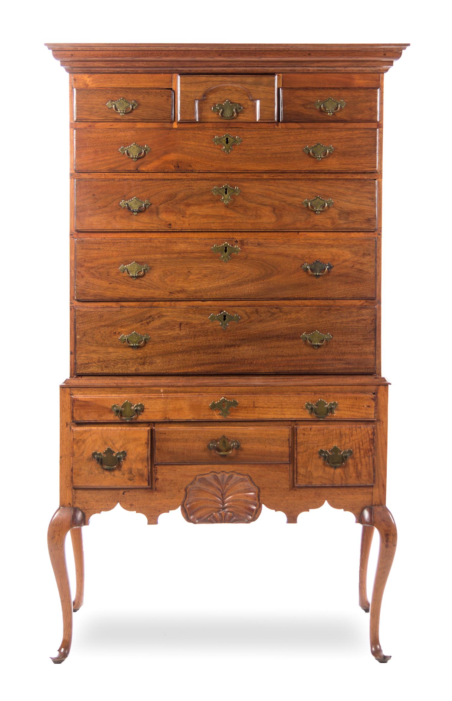 A Queen Anne Walnut and Maple Highboy Height 71 1/2 x width 38 1/2 x depth 20 1/2 inches. — PORTSMOUTH OR DURHAM, NEW HAMPSHIRE, LATE 18TH CENTURY