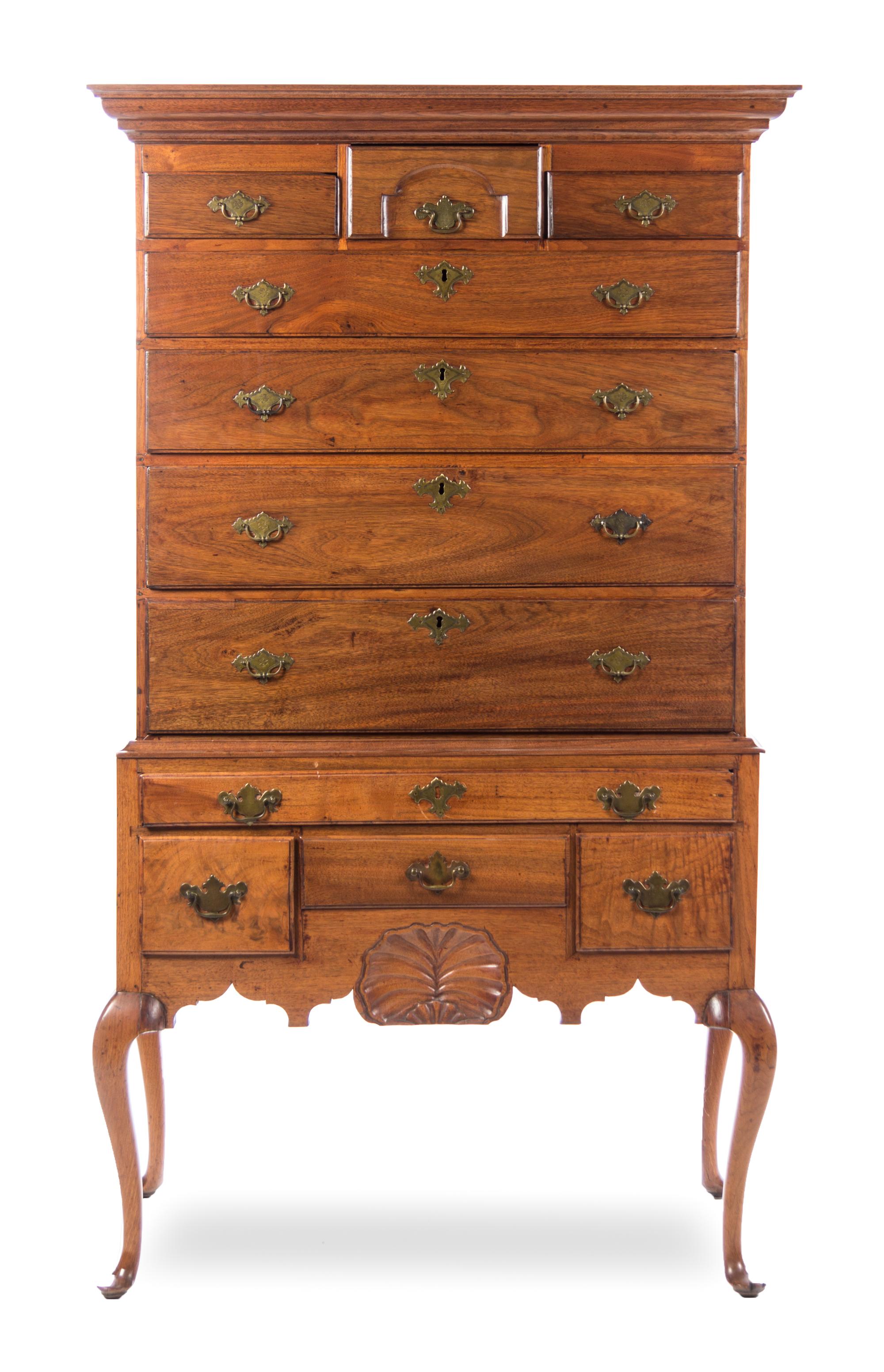 A Queen Anne Walnut and Maple Highboy Height 71 1/2 x width 38 1/2 x depth 20 1/2 inches. — PORTSMOUTH OR DURHAM, NEW HAMPSHIRE, LATE 18TH CENTURY