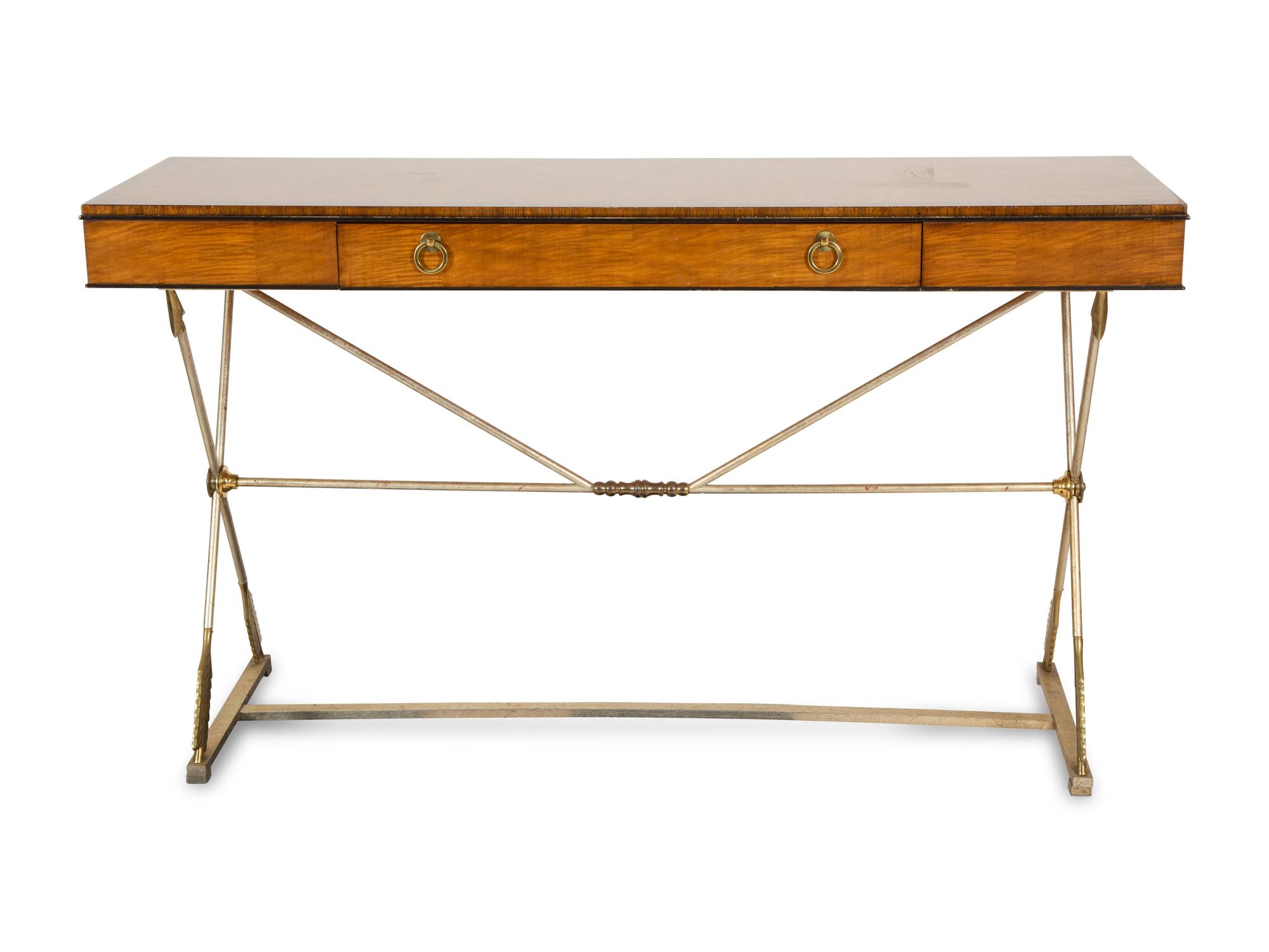 A Neoclasscial Style Crossbanded Walnut and Patinated Metal Console Table — 20TH CENTURY