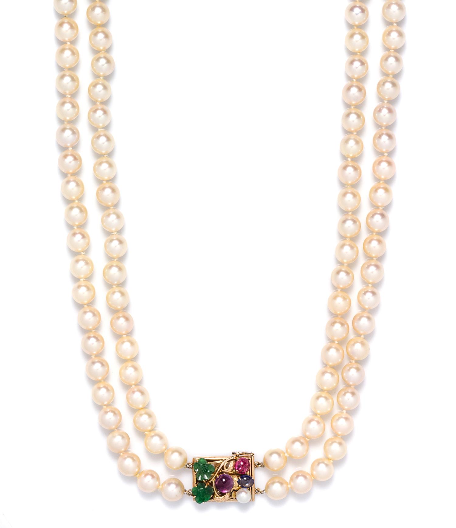 A 14 Karat Yellow Gold, Multigem and Cultured Pearl Double Strand Necklace,